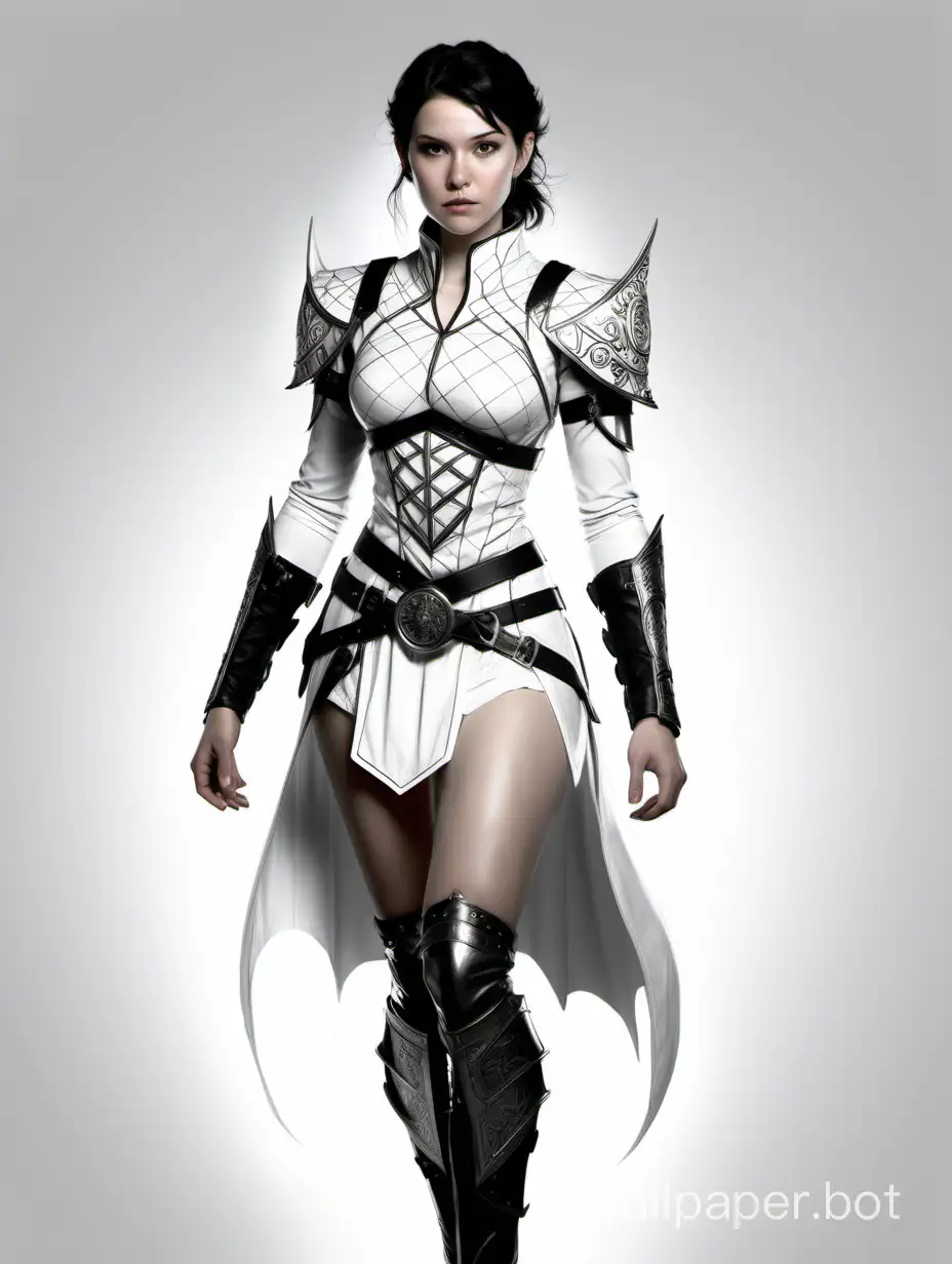 MICHELLE PFAIFER, Woman 20 years old, tall, goddess of lightning, short dark hair with tails, white short Scandinavian breastplate of light metal with patterns, deep neckline steel patterned white shoulder pads, Leather white skirt with metal overlays, D&D character, black and white sketch, white background, knee-high photo, wheel of time style