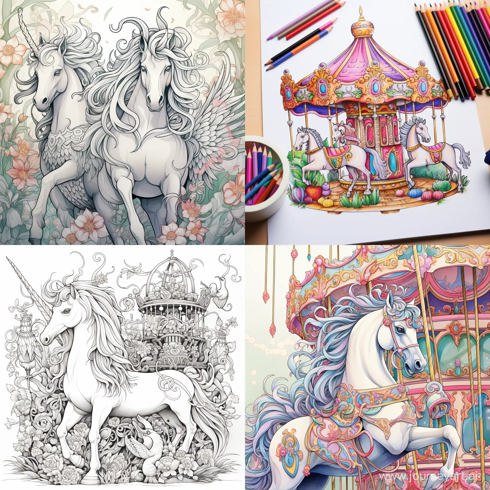 Create a simple coloring page featuring a carousel of creatures: unicorns, dragons, and griffins. Emphasize big, clear lines with no intricate details. 