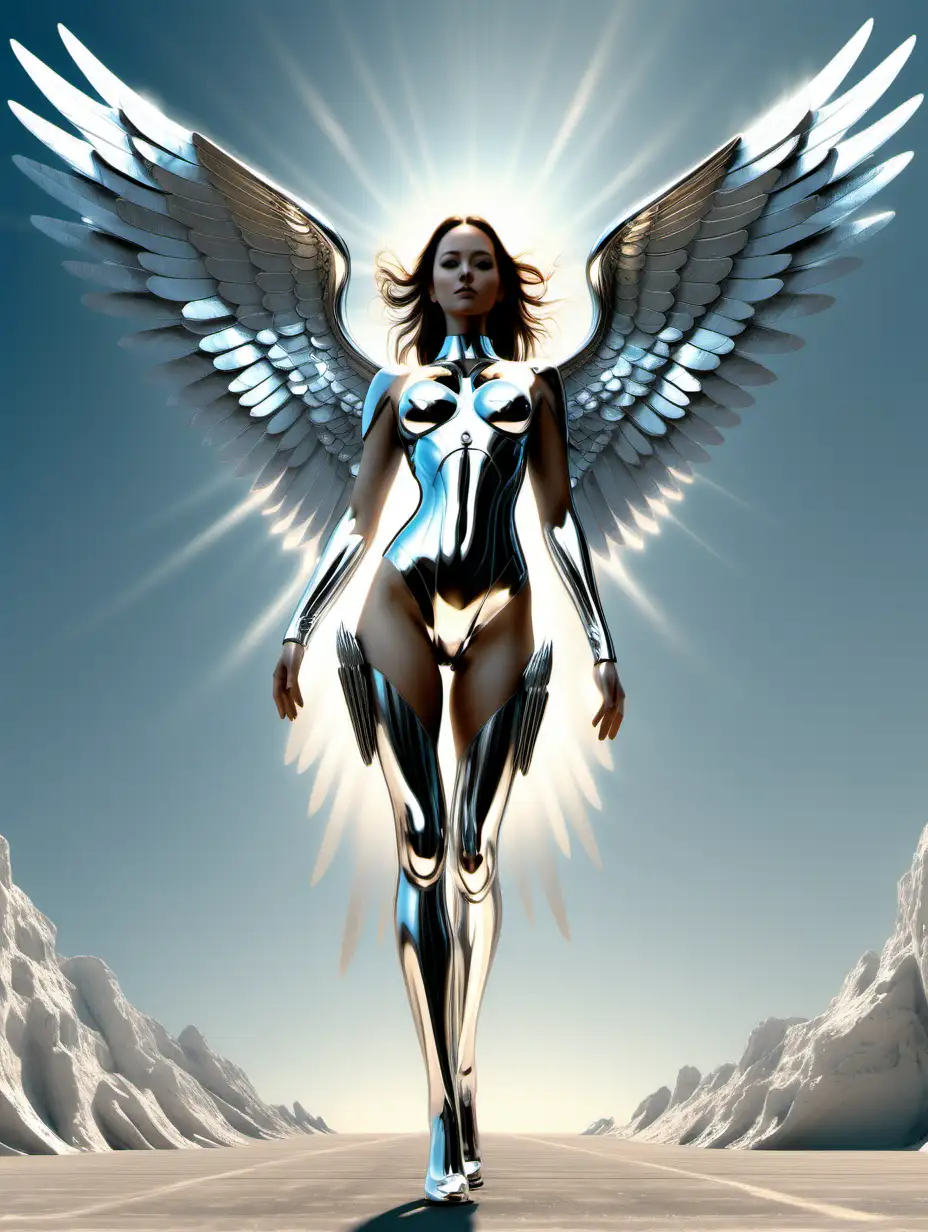 Chrome Angel Woman with Full Wingspan in SciFi Art