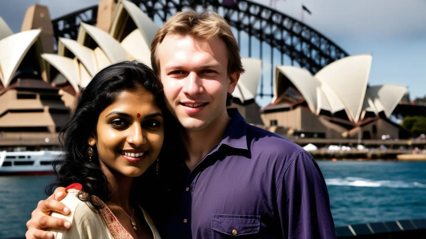 create photo of an indian woman and caucasion man, about 40 at famous sydney tourist locations taken with a slr camera