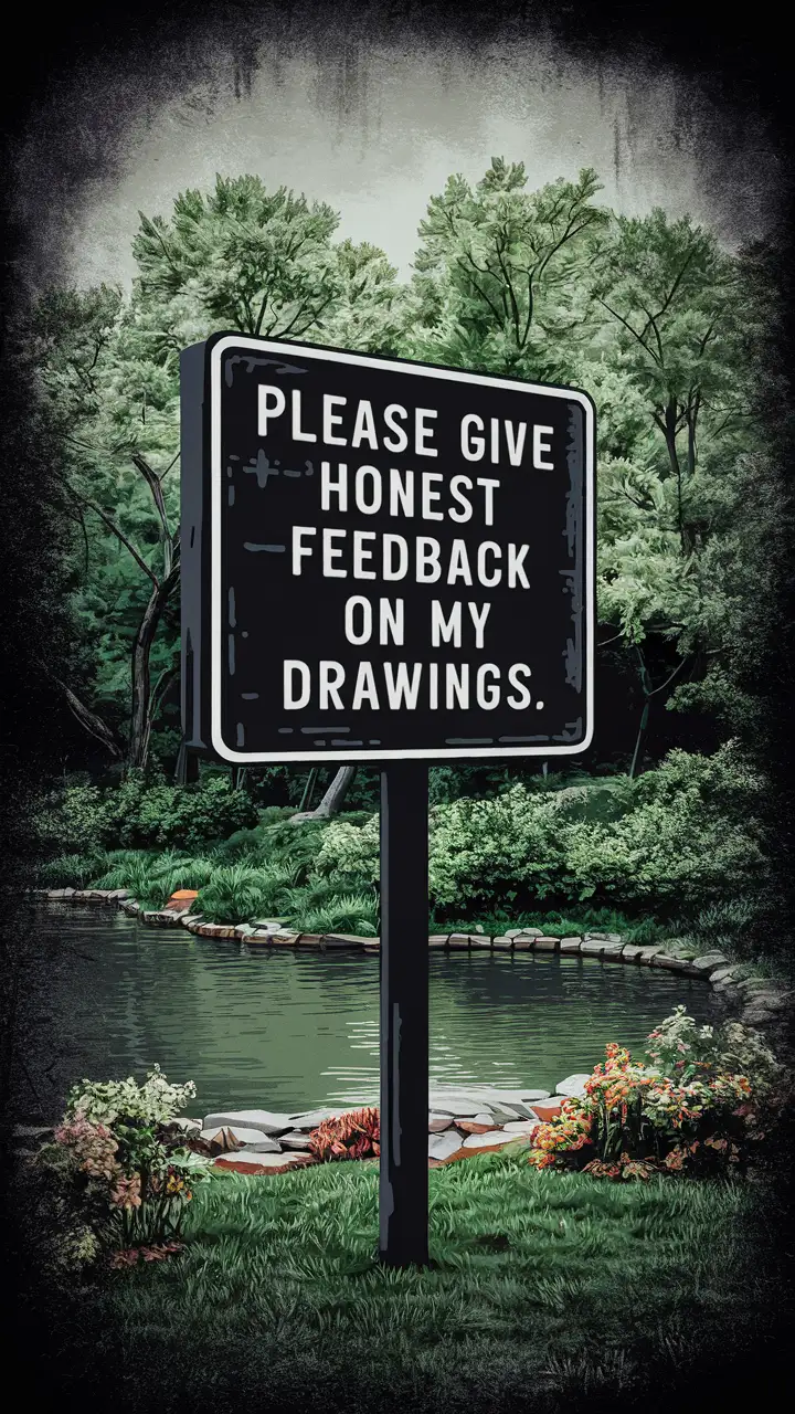  A sign board near a park that reads, "Please give honest feedback on my drawings". Vector Style. Hyper realistic. Create mildly dark atmospheric images inspired by noir games,Beautiful,  mildly colorful, and Terrific park background.