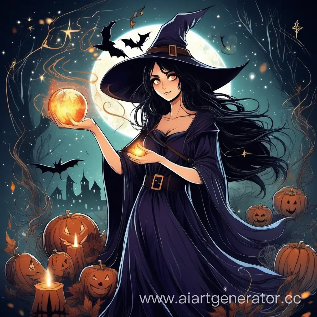 Темноволосая девушка ведьма и магия 