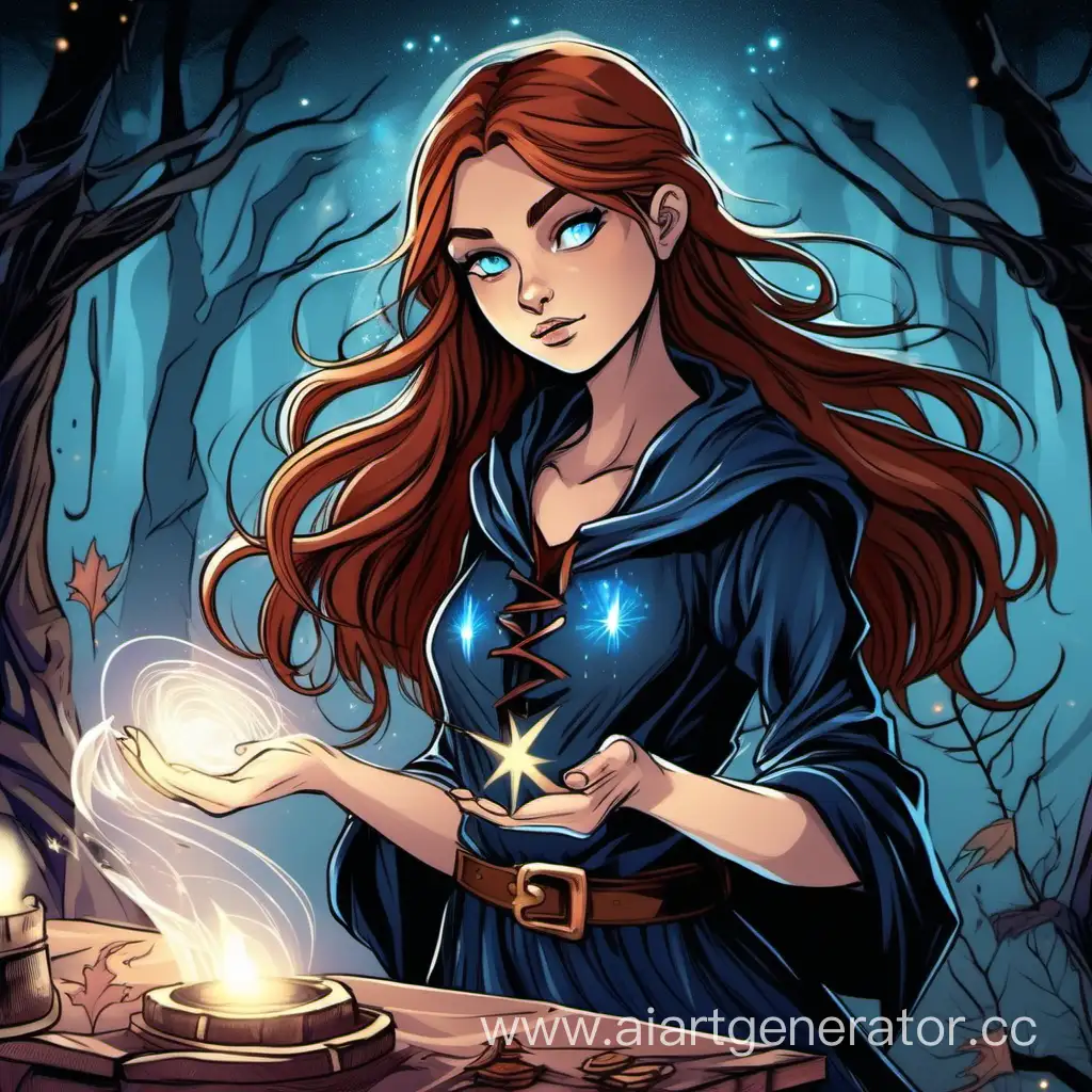 девушка ведьма ,с голубыми глазами и средней длины волосами каштанового цвета занимается магией