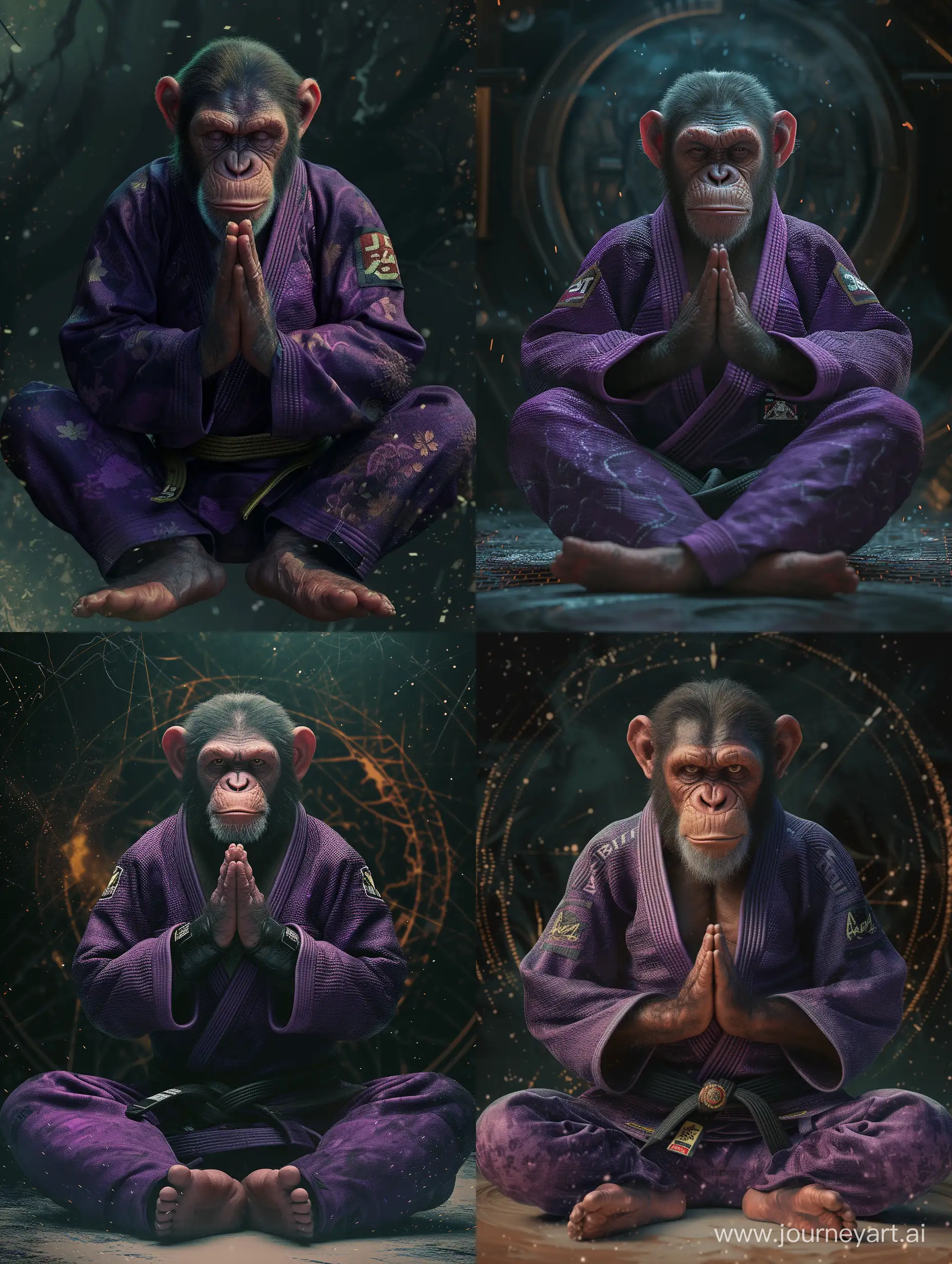 “monkey wearing a purple Brazilian jiu jitsu gi. He is sitting with his legs crossed and palms pressed together in prayer. He is looking at the viewer and has an evil smirk on his face” cosmic background,  epic cinematography shot on Nikon D780 | color grading | atmospheric / color_shading / deep depth of field | HDR / 3D digital photoillustration | dark shadows / ambient occlusion | high resolution | intricate / advanced composition | high contrast | entangled / expansive | atmospheric | hyperrealistic textures / accurate_anatomy 
