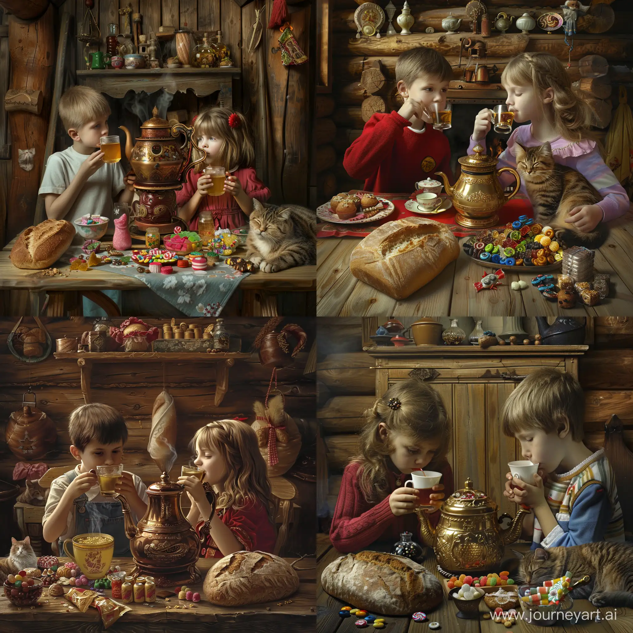 Children-Enjoying-Tea-Time-with-Samovar-in-a-Cozy-Russian-Village-Hut