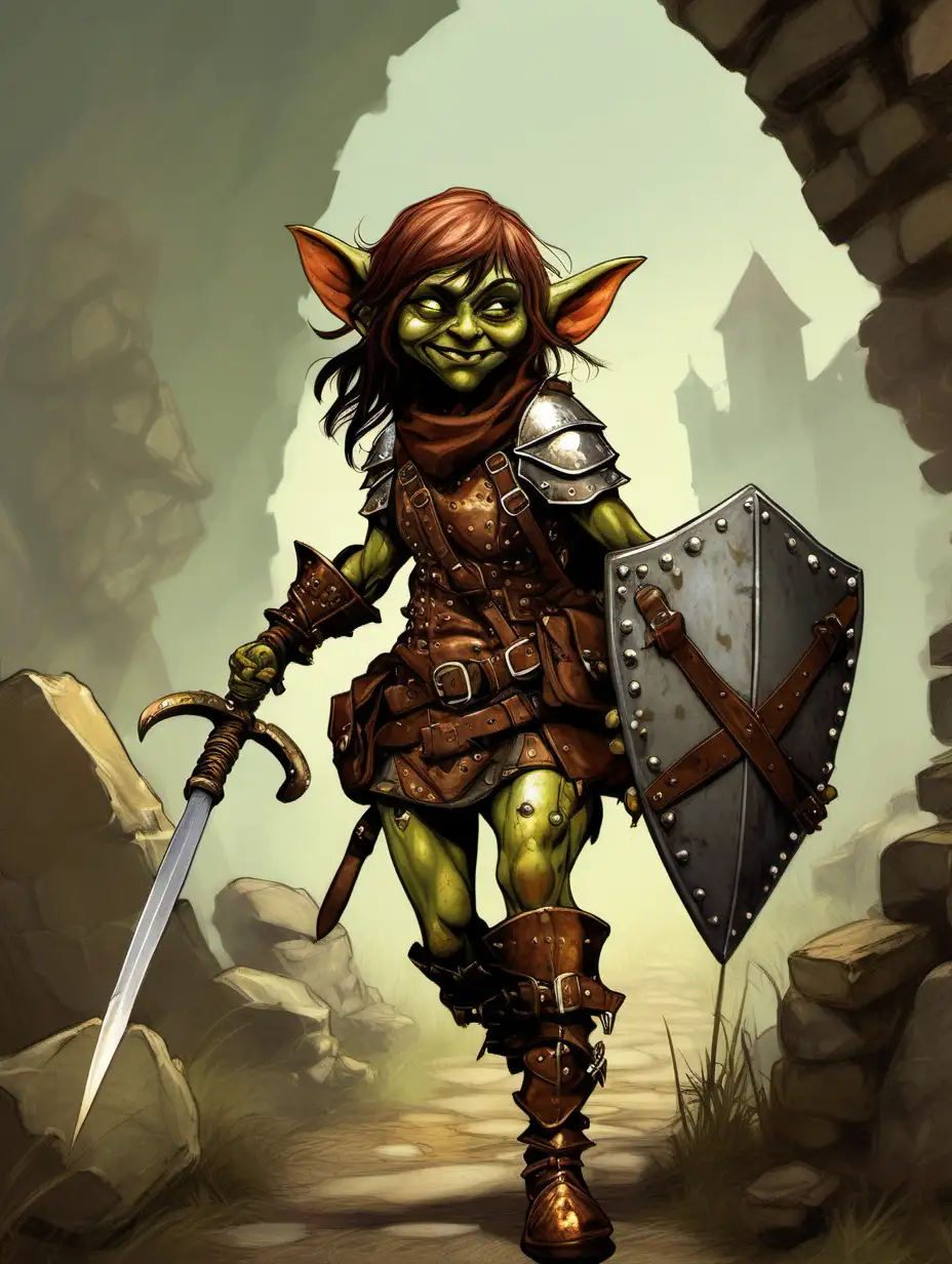 friendly goblin girl wearing ratty studded leather armor and carrying a shield and rapier and with an adventurer's pack on her back