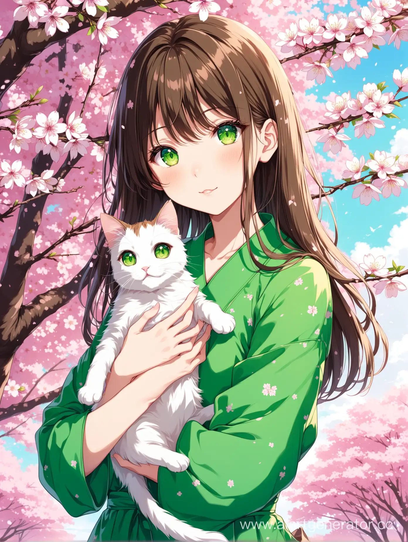 Anime-Girl-Holding-Green-Cat-Surrounded-by-Blooming-Sakura