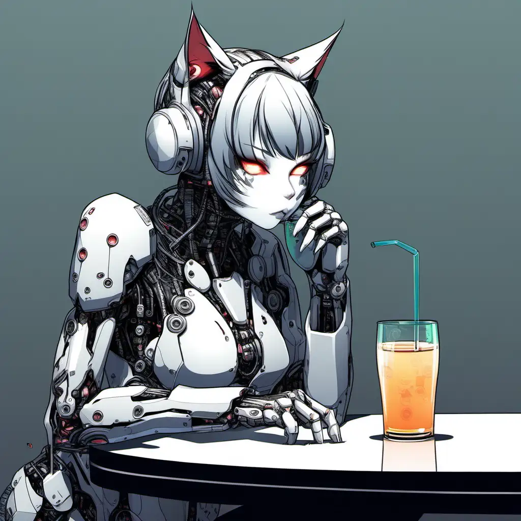 Lonely Cyborg Cat Girl Sipping a Solitary Drink