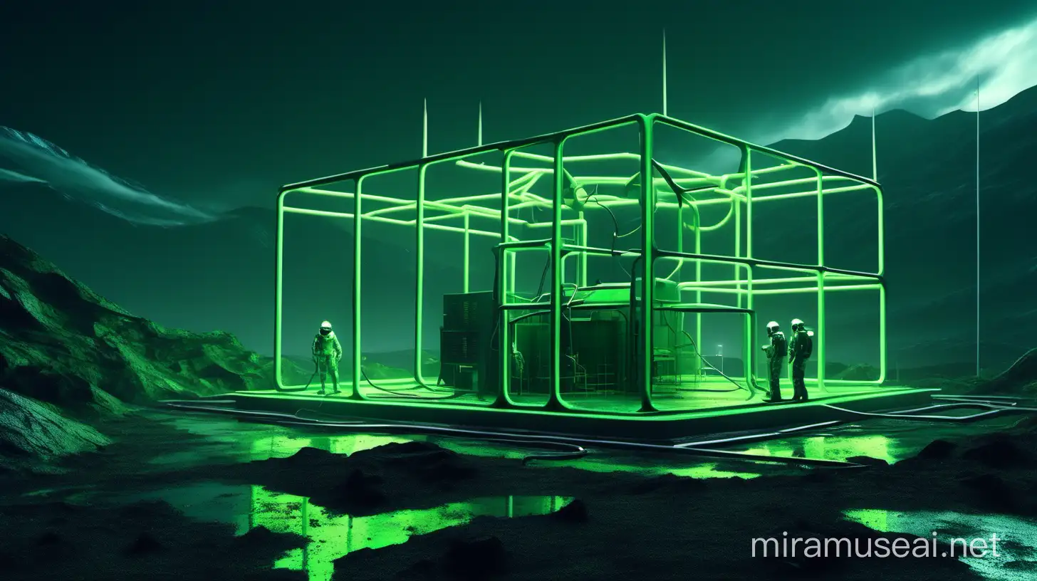 Realistic research centers with one worker around it, green neon and big neon lights inside the part, its color shadow on the floor, Rainy weather, staff in dark green uniforms and helmets, Atmospheric and cinematic, The structure is very big and elongated in the shape of a match and wide, A dark green smoke rose from the research centers environment and spread in the air, The image space is outside the realistic research center, On a big ground outdoors on a night.
with huge satellite antennas,
An big green neon cubic object,
The floor is black and white,
in the Realistic mountains.
atmospheric and cinematic.
The Realistic sky is covered.
3D.