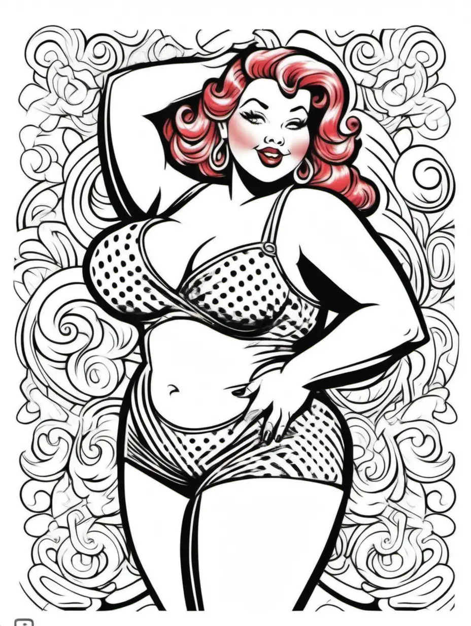 Vividly Colored Chubby Pinup Girl Coloring Book Page