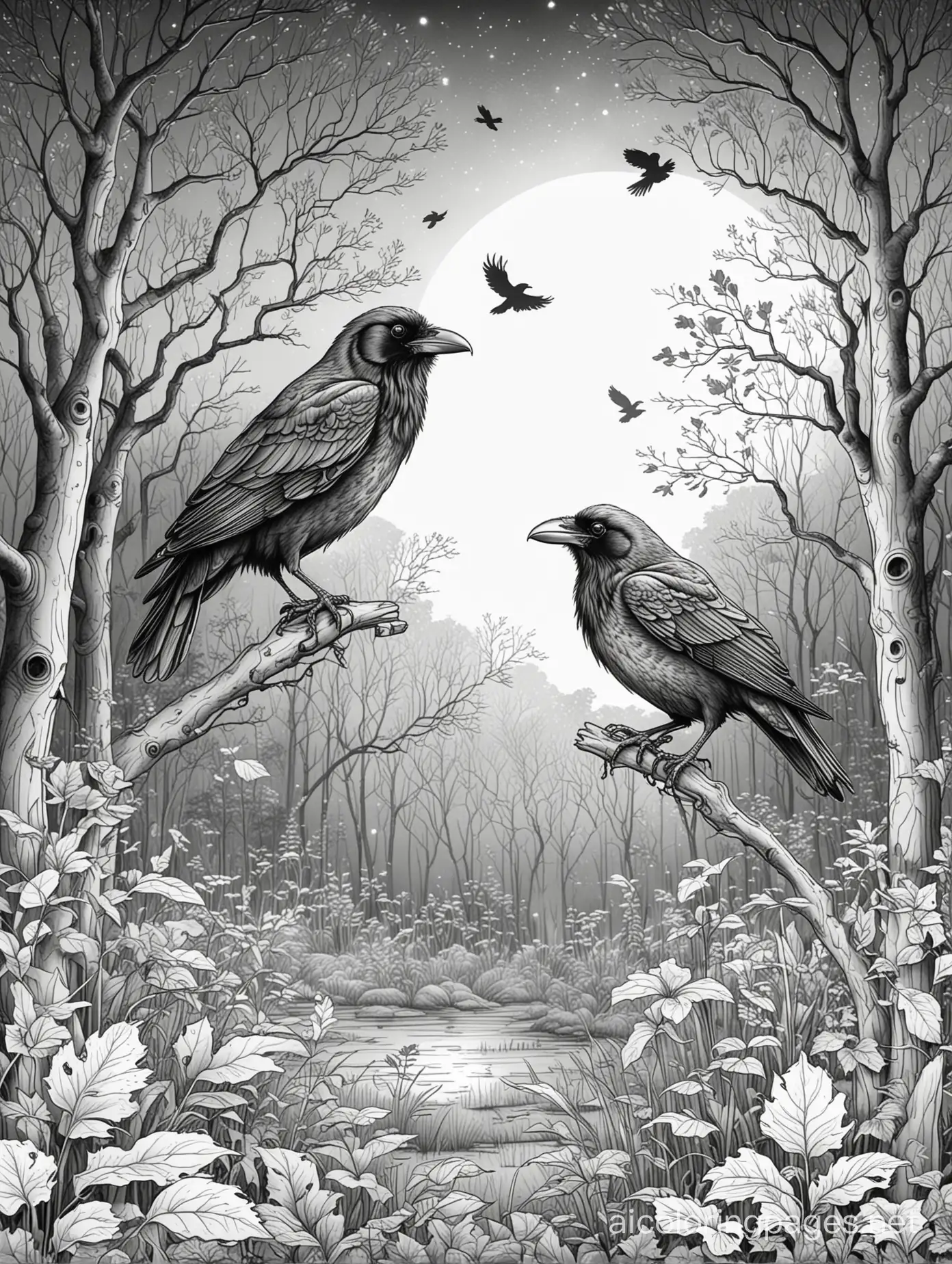ravens in a moonlit glade, Coloring Page, black and white, line art, white background, Simplicity, Ample White Space. The background of the coloring page is plain white to make it easy for young children to color within the lines. The outlines of all the subjects are easy to distinguish, making it simple for kids to color without too much difficulty
