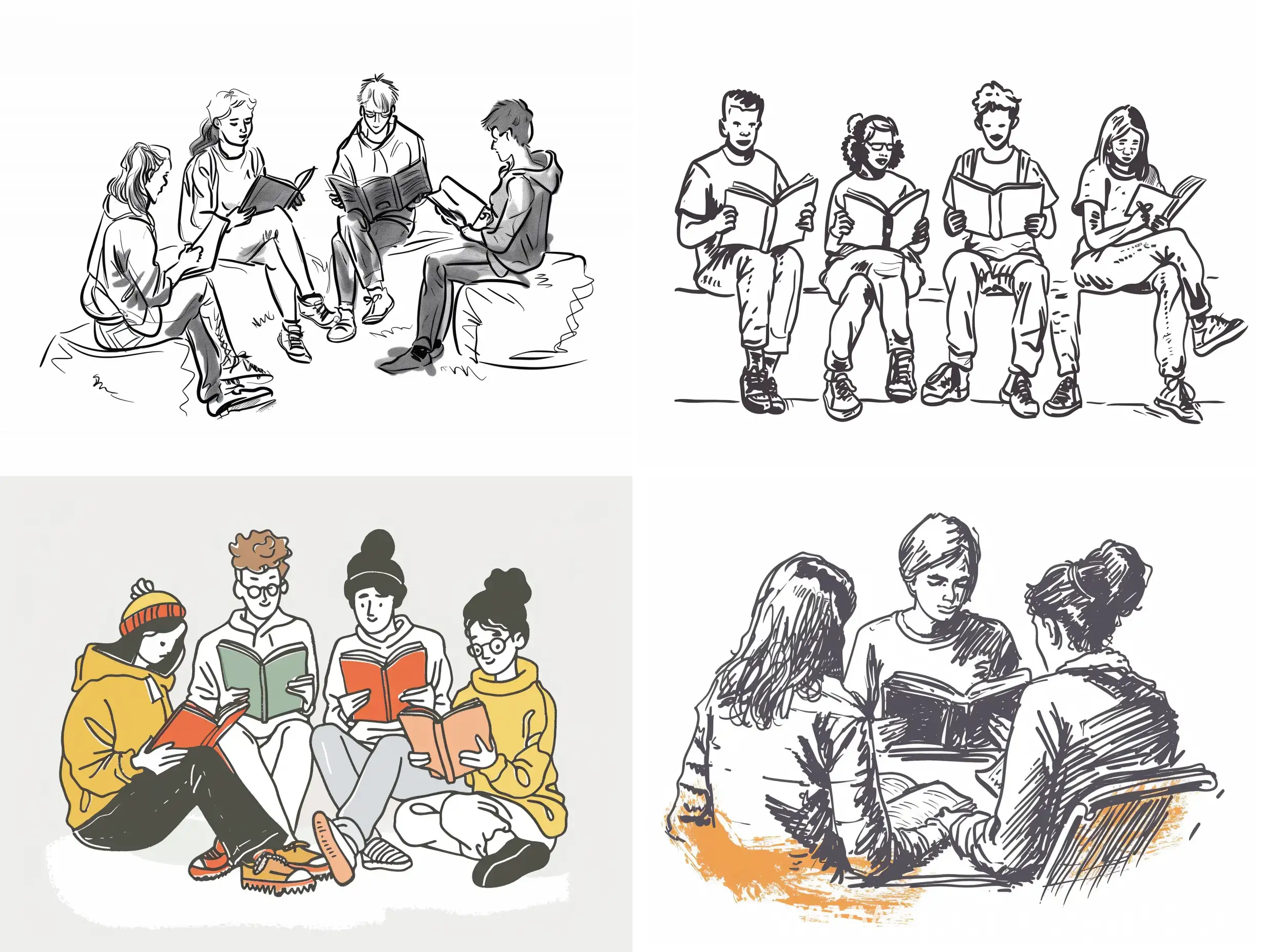 onelinedrawing of people reading books and come together