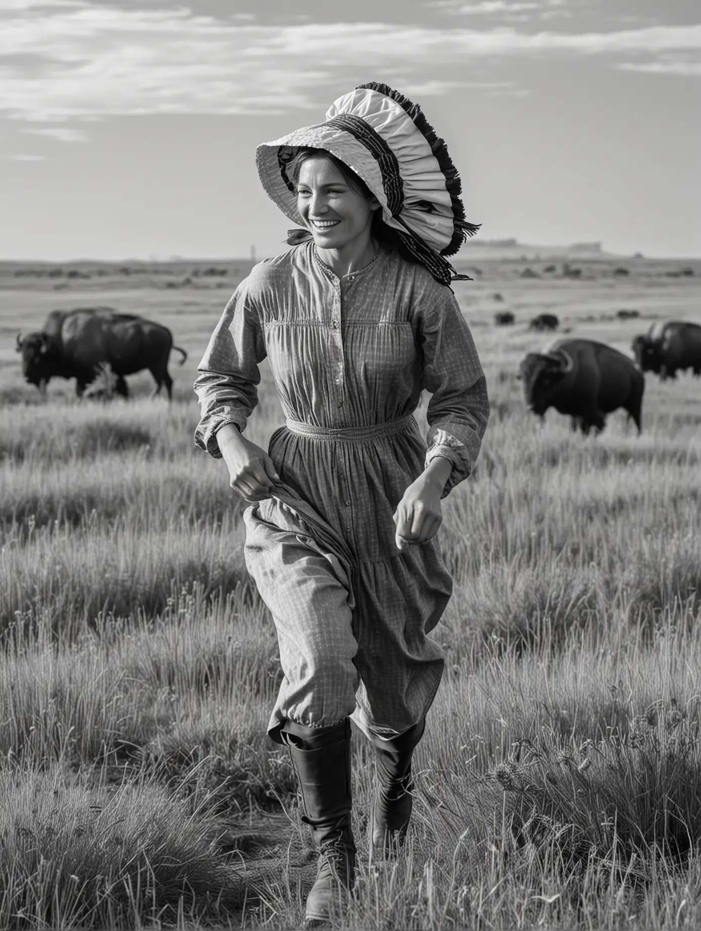 Pioneer Woman Running Through Prairie with Buffalo in Black and White