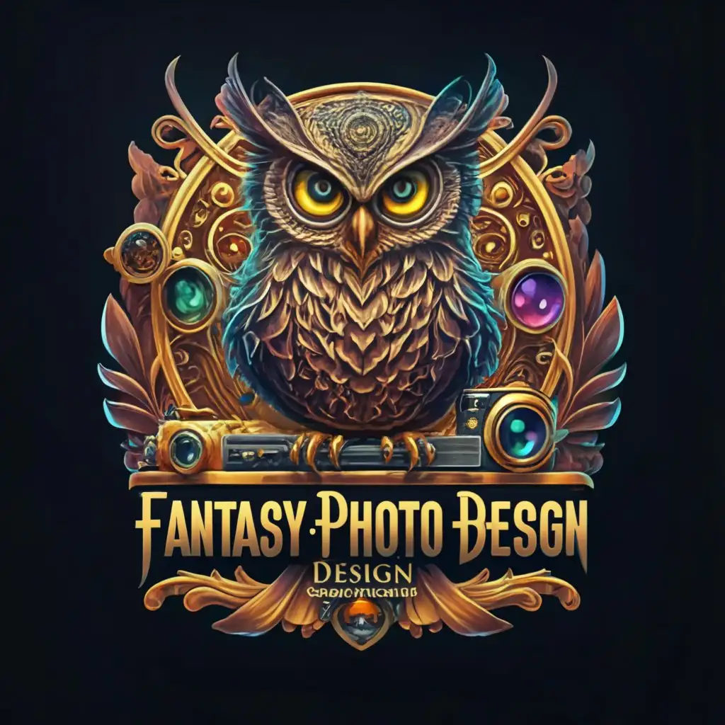 a logo design,with the text "FantasyPhotoBookDesign", main symbol:owl,complex,clear background
