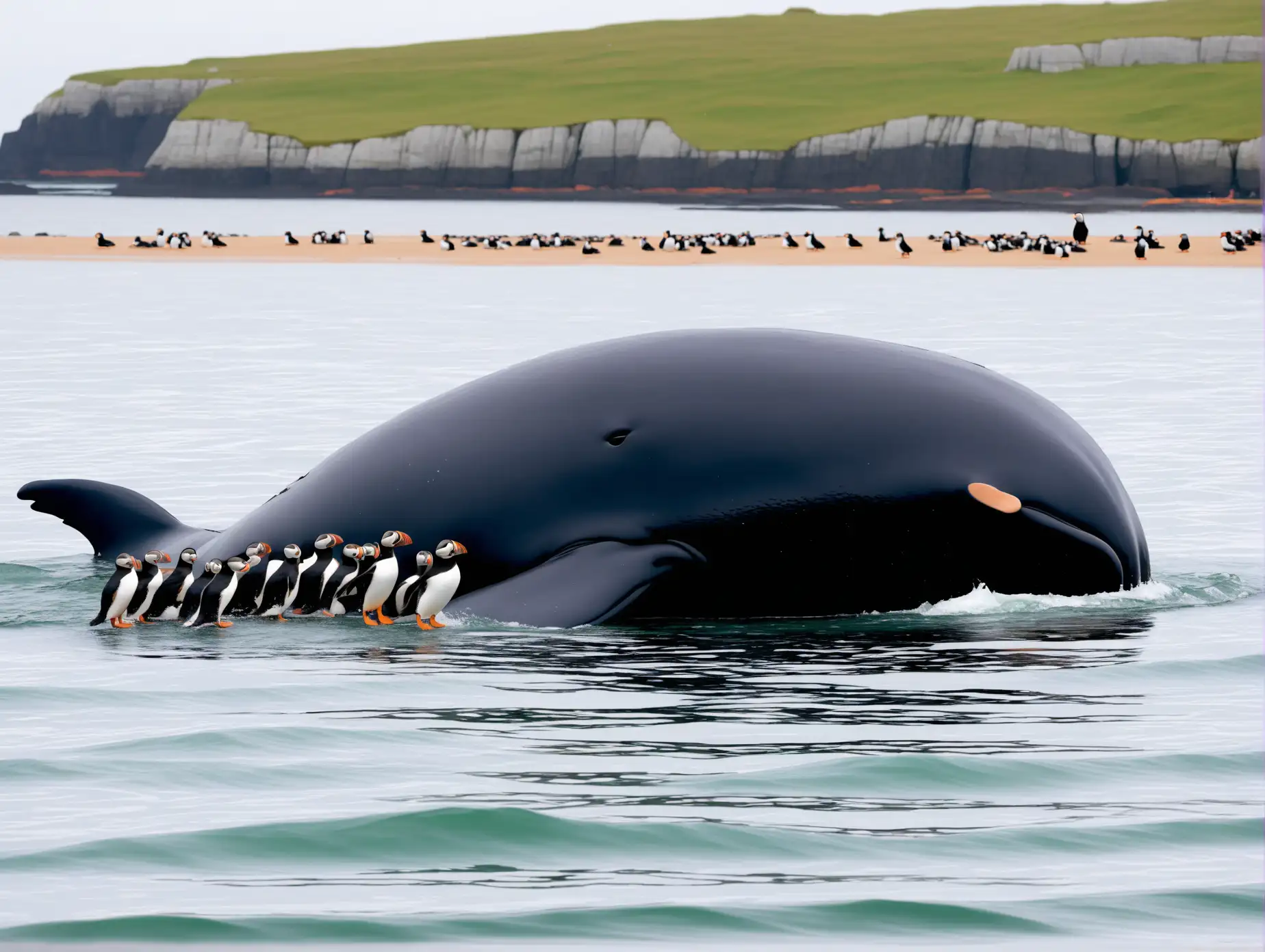 A beached  whale being pushed by  puffins back into the water 