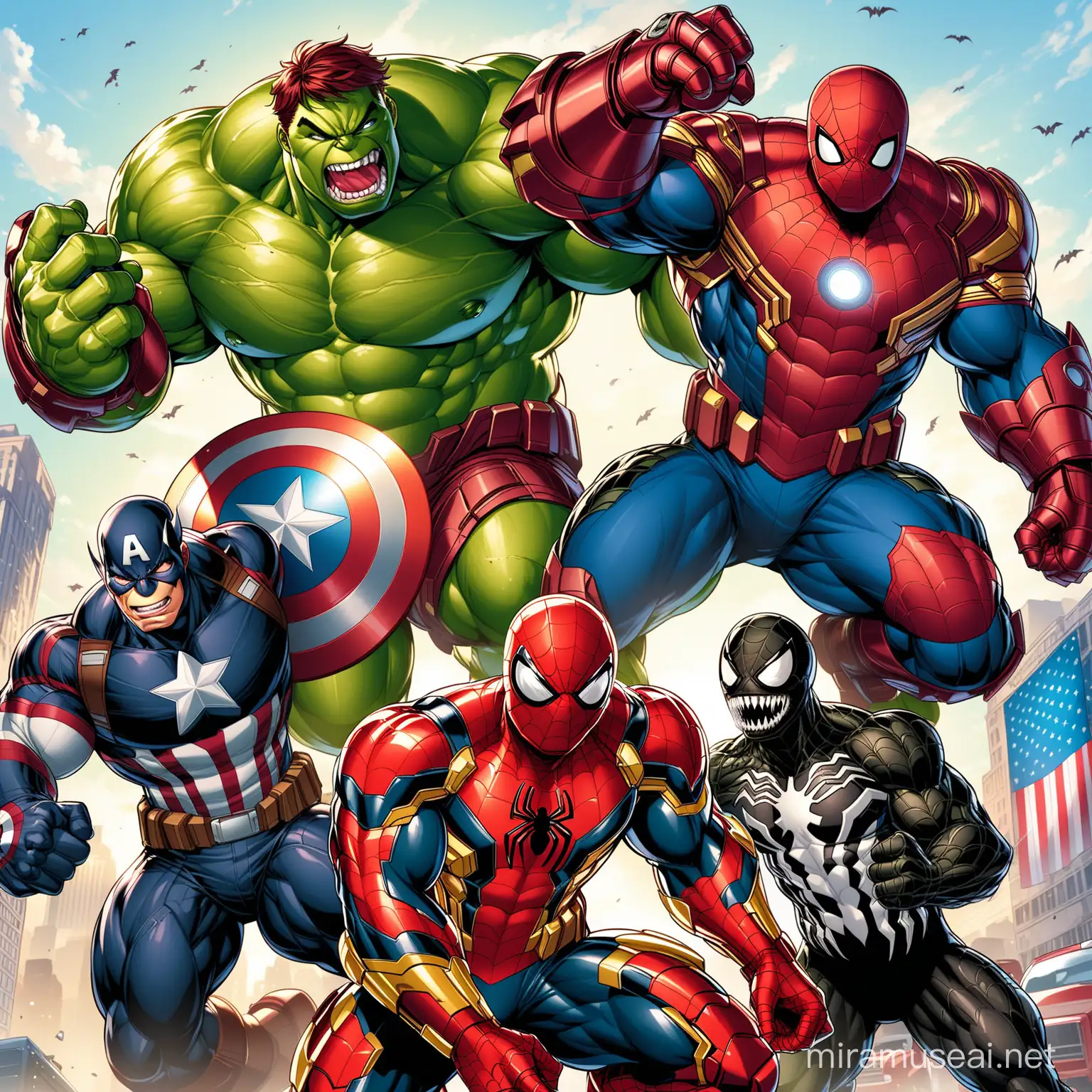 Hulkbuster and Captain America and Green Goblin and Spiderman and Venom
