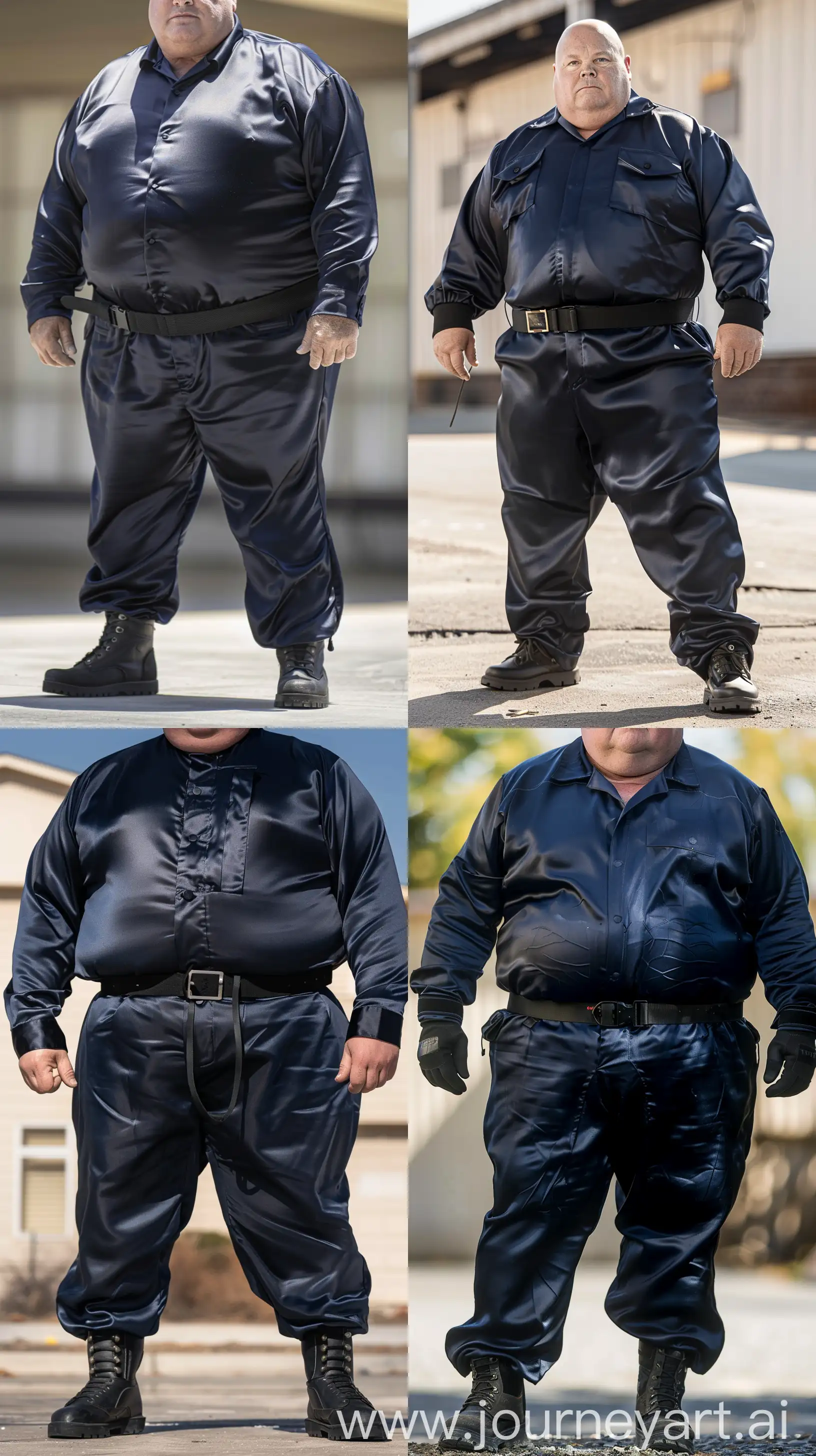 Close-up full body front view photo of a very fat man aged 60. The man is wearing silk navy battle coverall slim-fitted and tucked in black tactical boots. Black tactical belt. Standing straight. Straight legs. Outside. Bald. Clean Shaven. Natural light. --ar 9:16