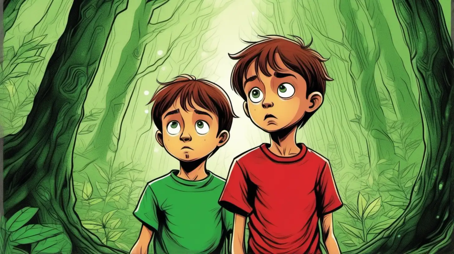 Magical Forest Adventure Expressive Closeup of Two Boys in Green and Red Shirts