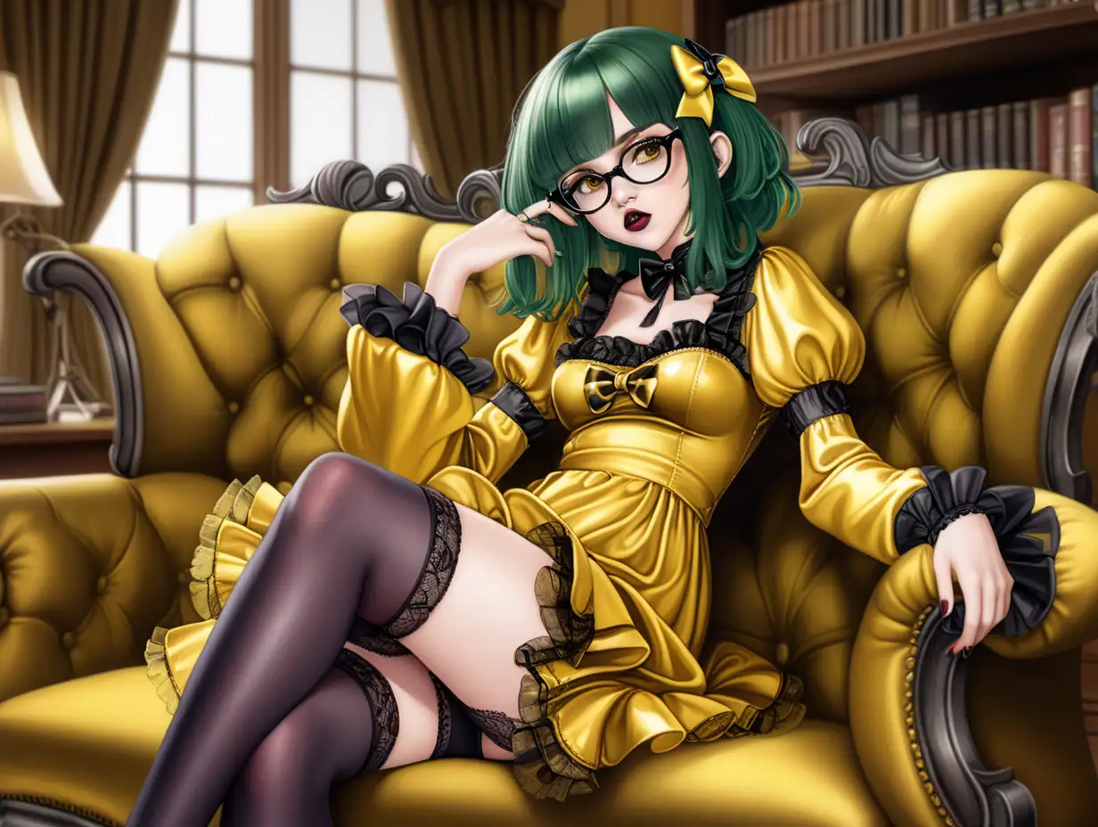 Anime woman with dark green hair and large lips with dark lipstick and dark heavy makeup. Wearing glasses.  wearing a shiny and frilly yellow silk dress with lots of bows and lace. Wearing black stockings. Wearing glossy yellow mary jane high heeled shoes. Very shiny. Lying on a couch in a study. Dorky expression.