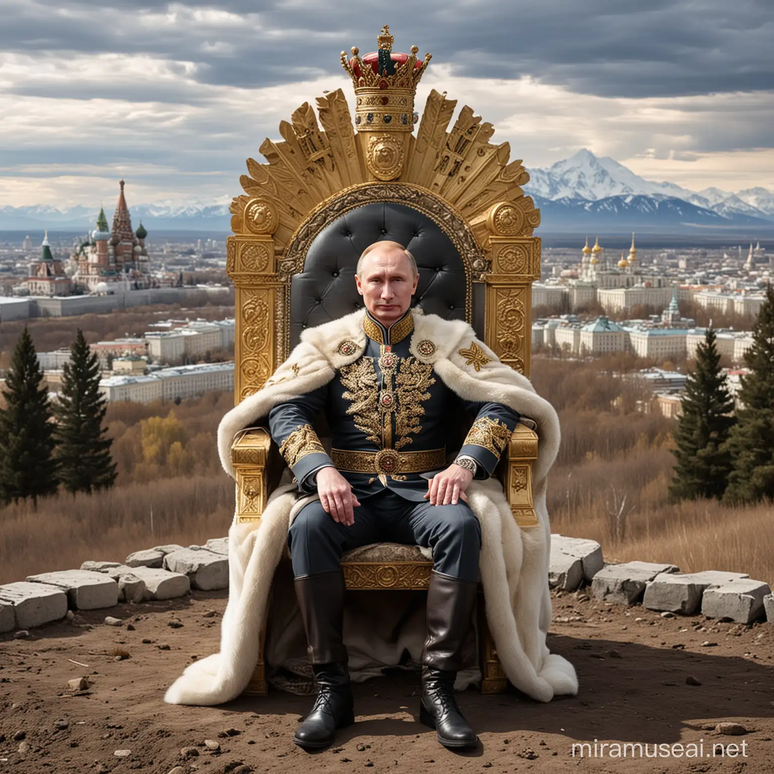 Putin as the king of the world, sitting on earth on his throne. Russia in the background