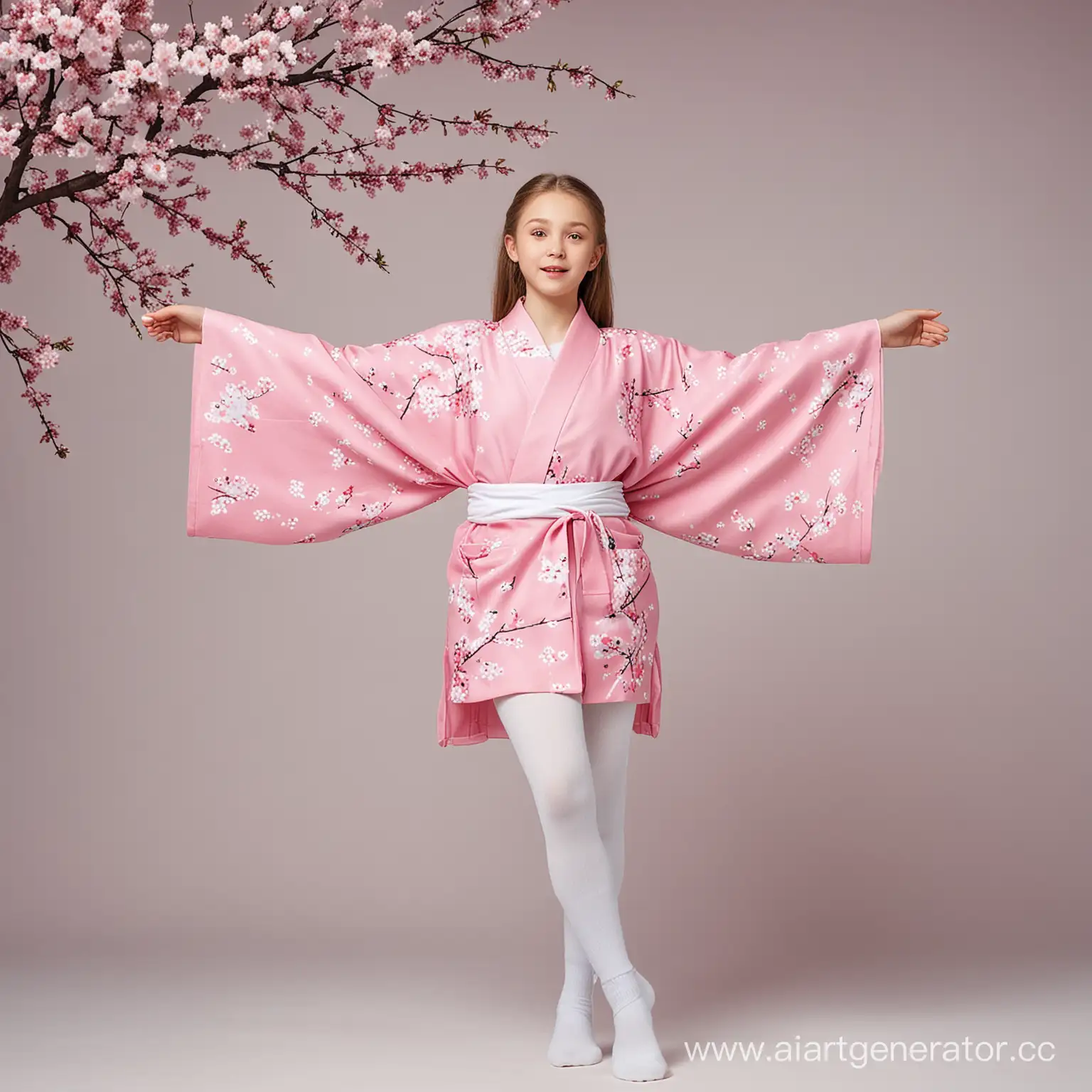extremely beautiful 13-year-old Russian girl who is more like a European people wears pink and white sakura kimono and pure white socks, clothes float up, full-length photo