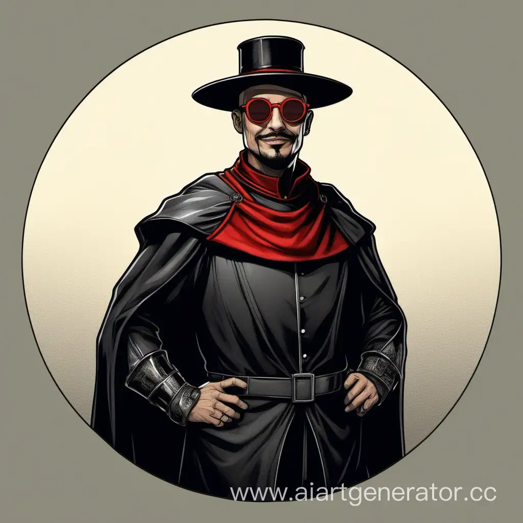 Рыцарь в классической шляпе и круглых темных очках, без шлема, с черной бородкой, одетый в черный костюм с плащем с красным подбоем, ухмыляется 
