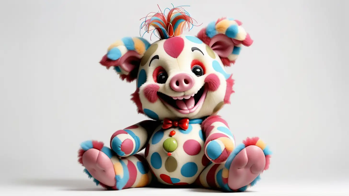 Full body image. A colorful, fluffy harlequin Teddy bear.  It is laughing and holding a polka dotted pig. White background.