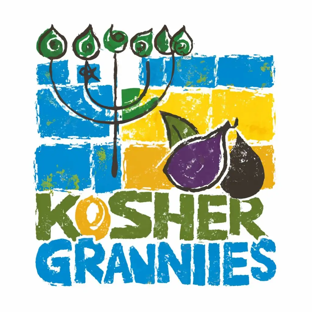 LOGO-Design-For-Kosher-Grannies-Vibrant-Yellow-Blue-White-and-Green-Palette-with-Menorah-and-Fig-Motifs
