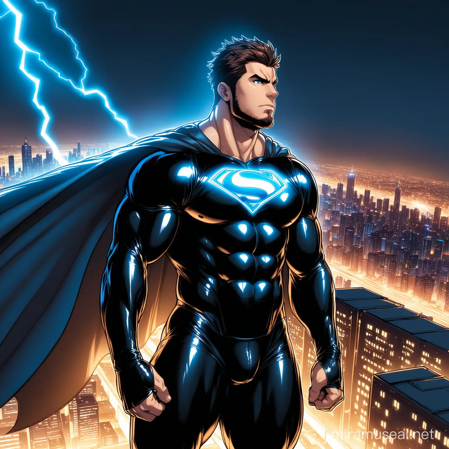 bara superhero, tight black latex costume, big cape, electric powers, city background, dramatic rim lighting, visible bulge, blue eyes, short brown hair