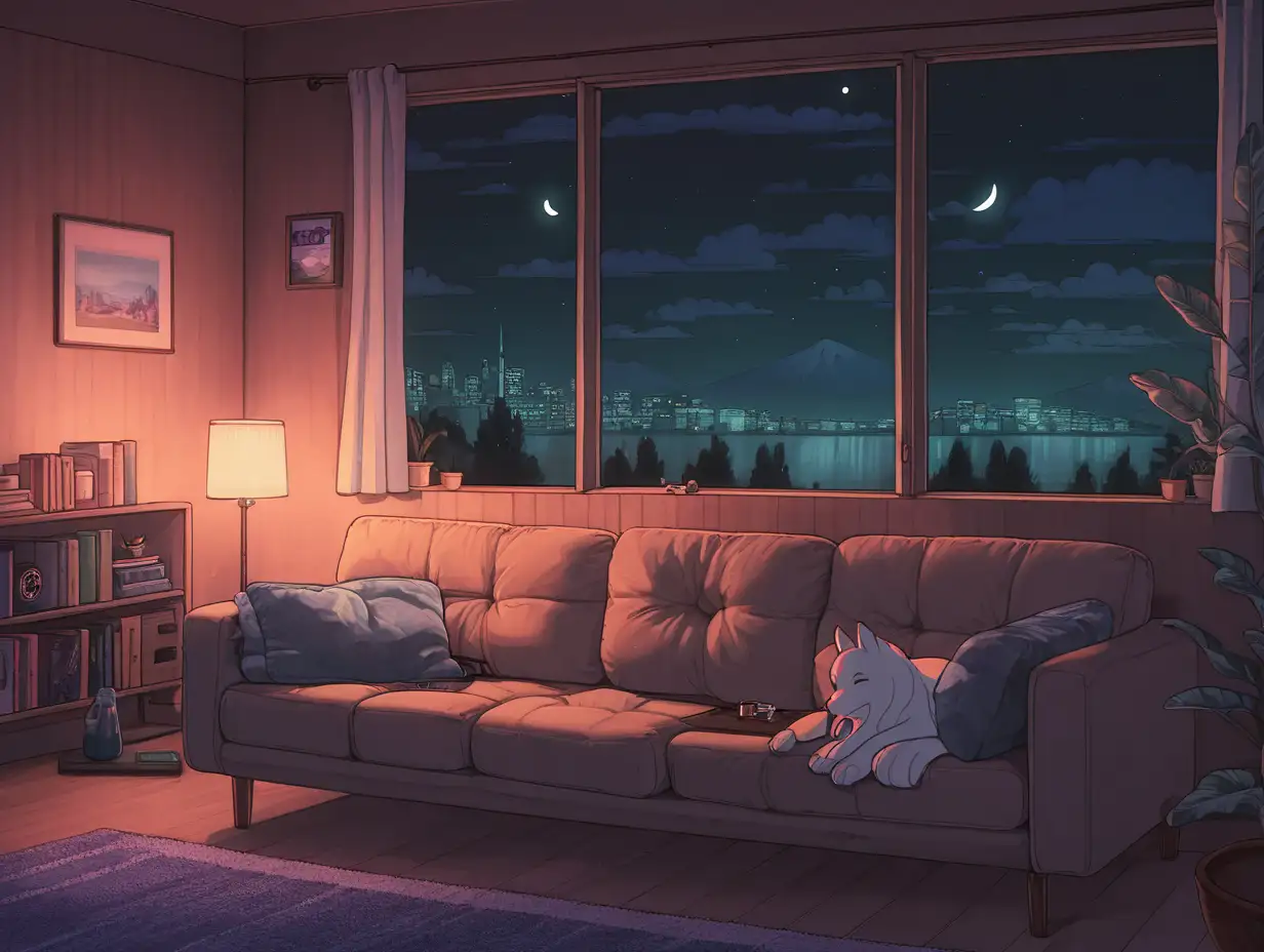 lofi chill, on a couch at night, no people