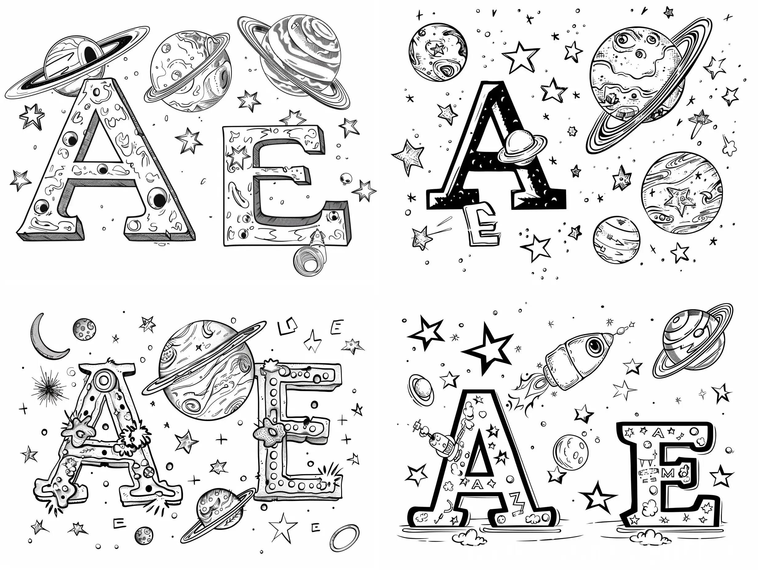 Cartoon-Space-Journey-Coloring-Page-for-Kids-with-Cyrillic-Letters-A-and-E