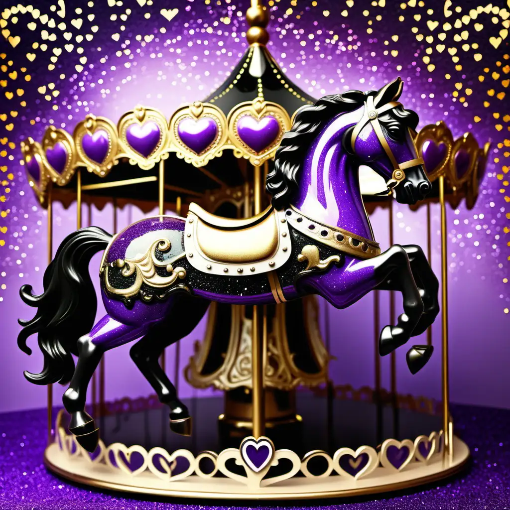 glitter sparkle glossy horse carousel, filigree,, purple, black, glold, colorsplash background with hearts