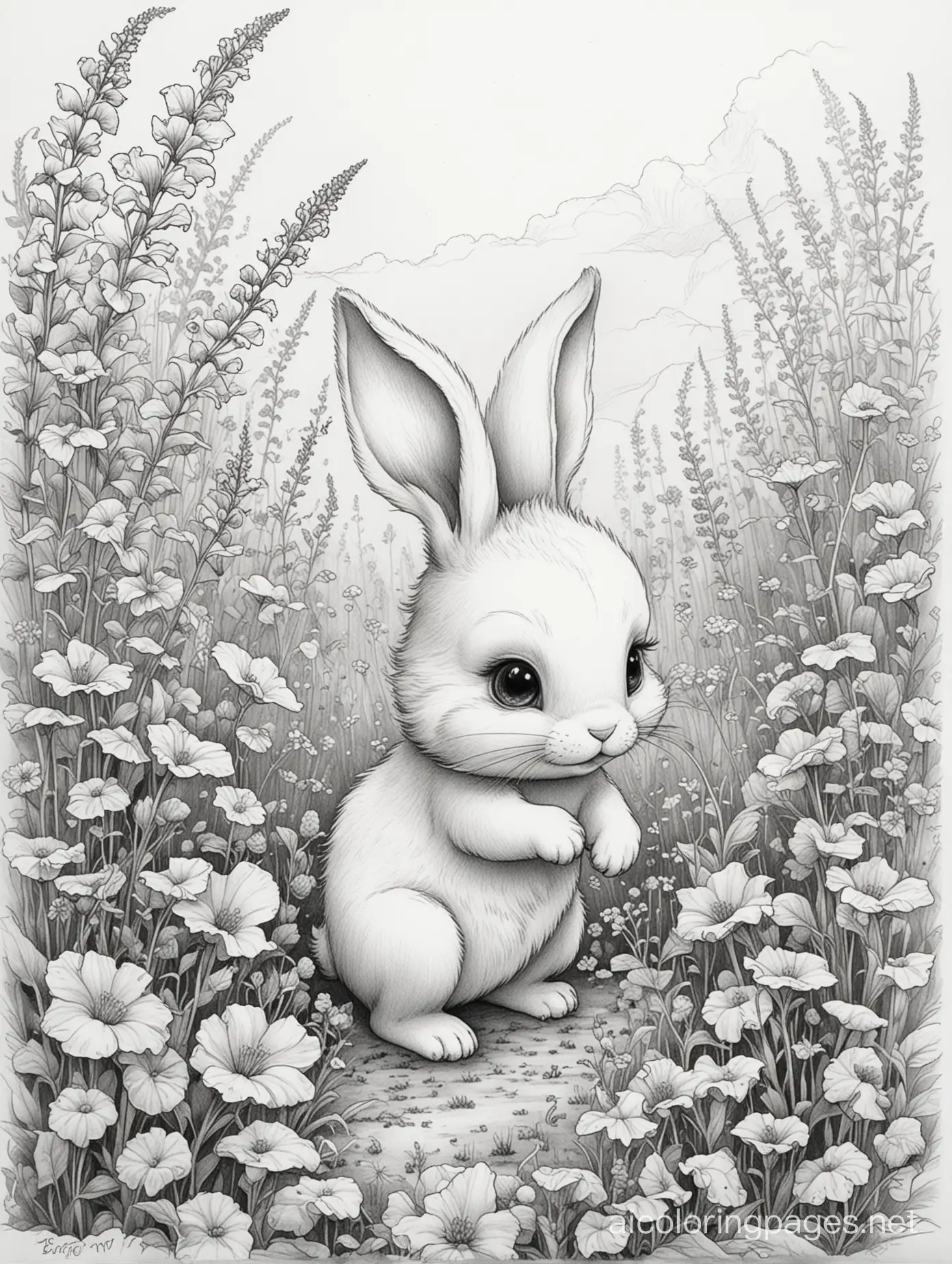 Chibi-Bunny-Frolicking-Amid-Foxglove-and-Marigolds-Stephen-Gammell-Style-Coloring-Page