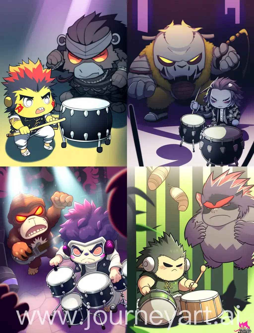 chibi gorilla and anime guy playing drums, with spooky background, 