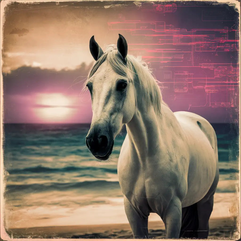 A beautiful white horse by the sea illustrated through 'Vintage Digitalism', merging nostalgic vintage aesthetics with contemporary digital art, in vintage sepia and digital cyber pink, raw style 