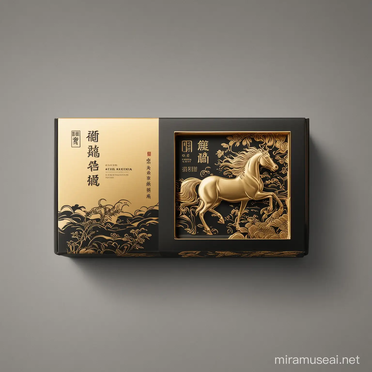 Chinese Style Tea Packaging with Minimalist Horse Elements in Black and Gold