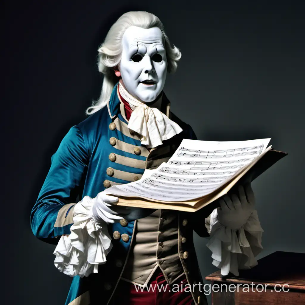 Composer-ghost with a stack of notes, in 18th-century attire