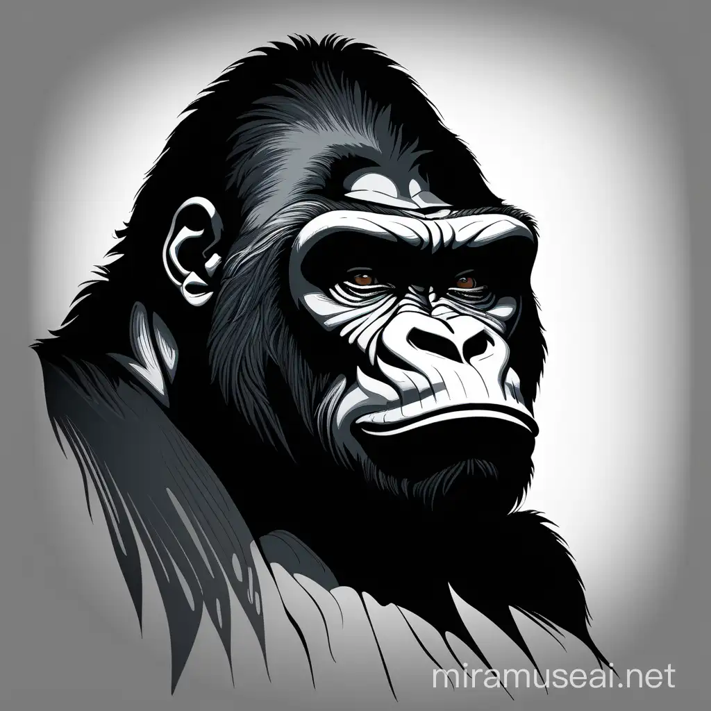 "A male gorilla, emerging his face from the darkness, the background is completely black, caricatured, without details, emphasizing his features and silhouette."


