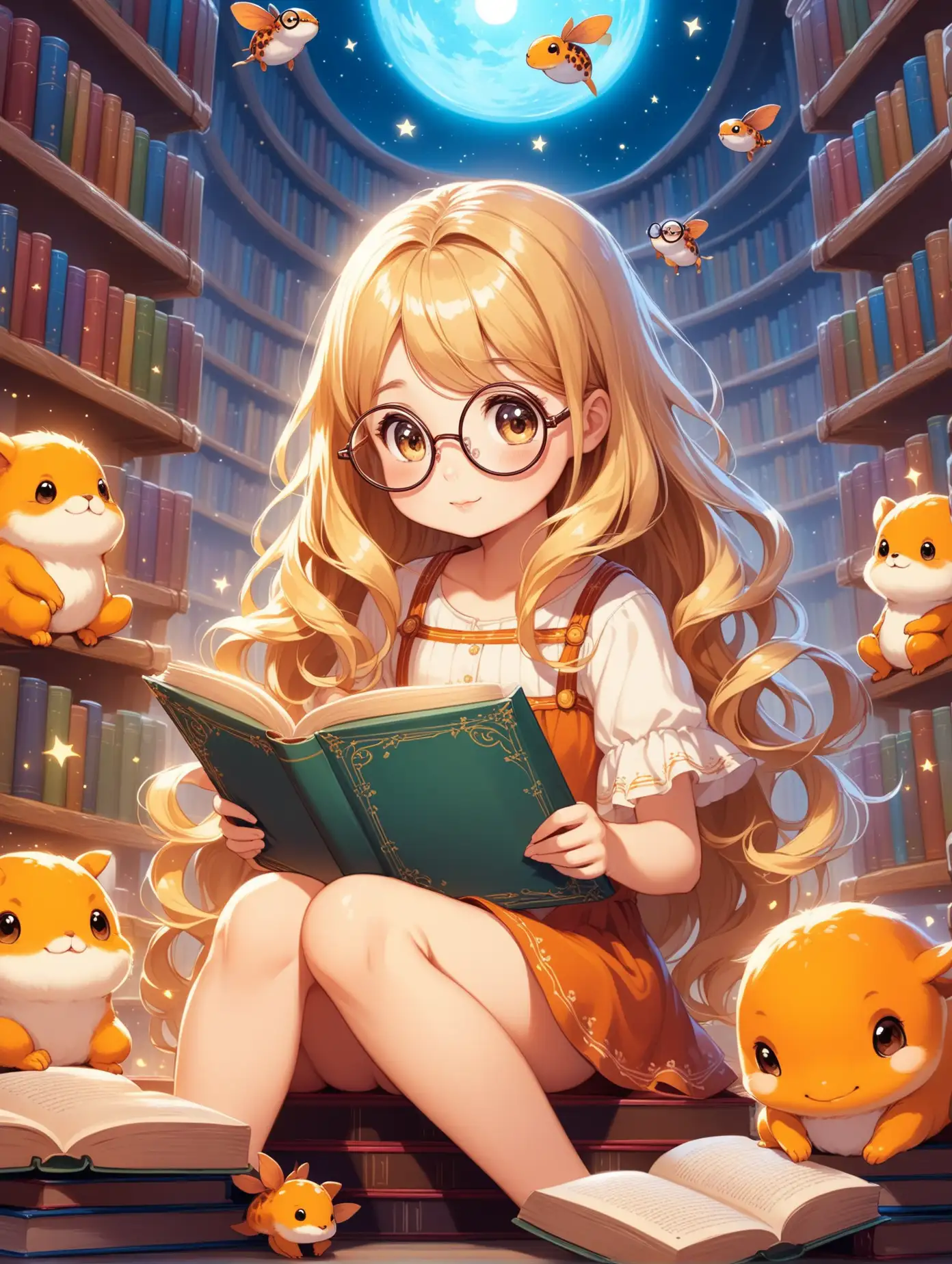 a cute little cartoon girl wearing big round glasses, blond curled hair, surrounded by little creatures, reading a book, and sitting on different books in a fantasy library