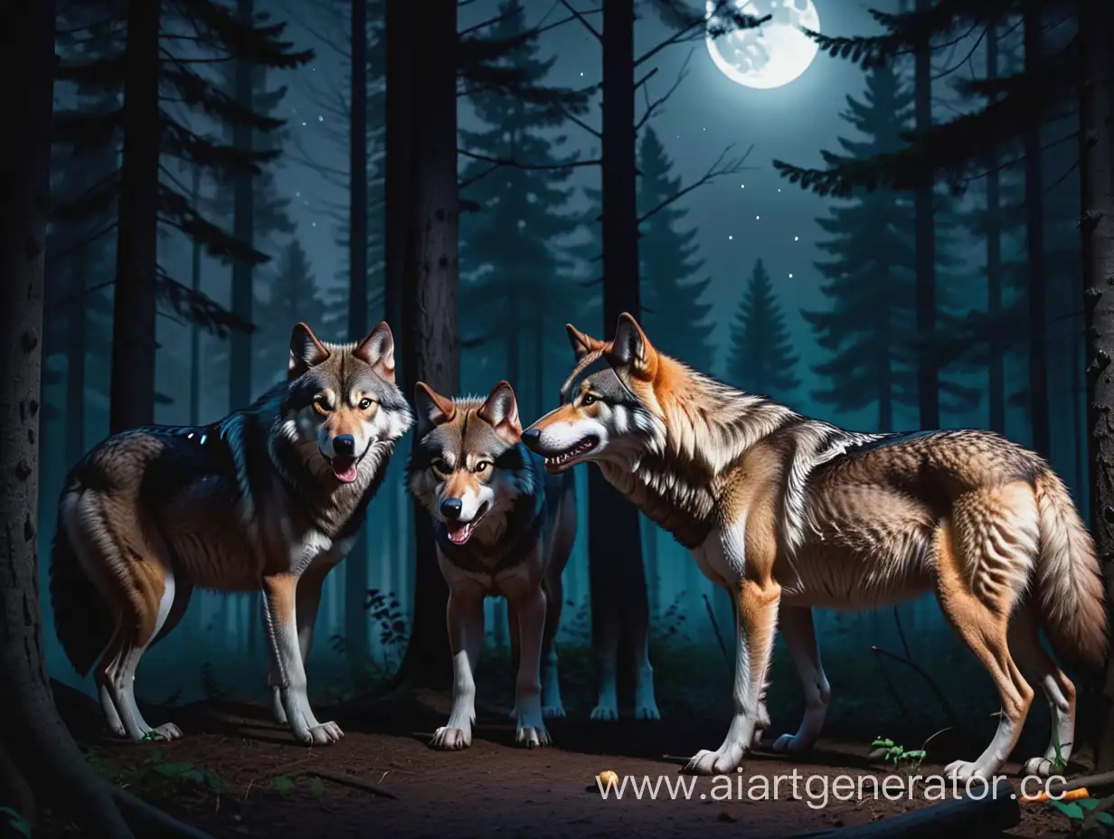 злые голодные волки в лесу ночью во мраке