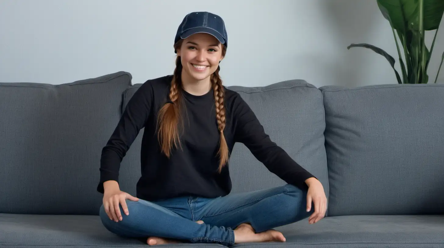 Joyful Young Woman in Casual Attire Relaxing on Couch