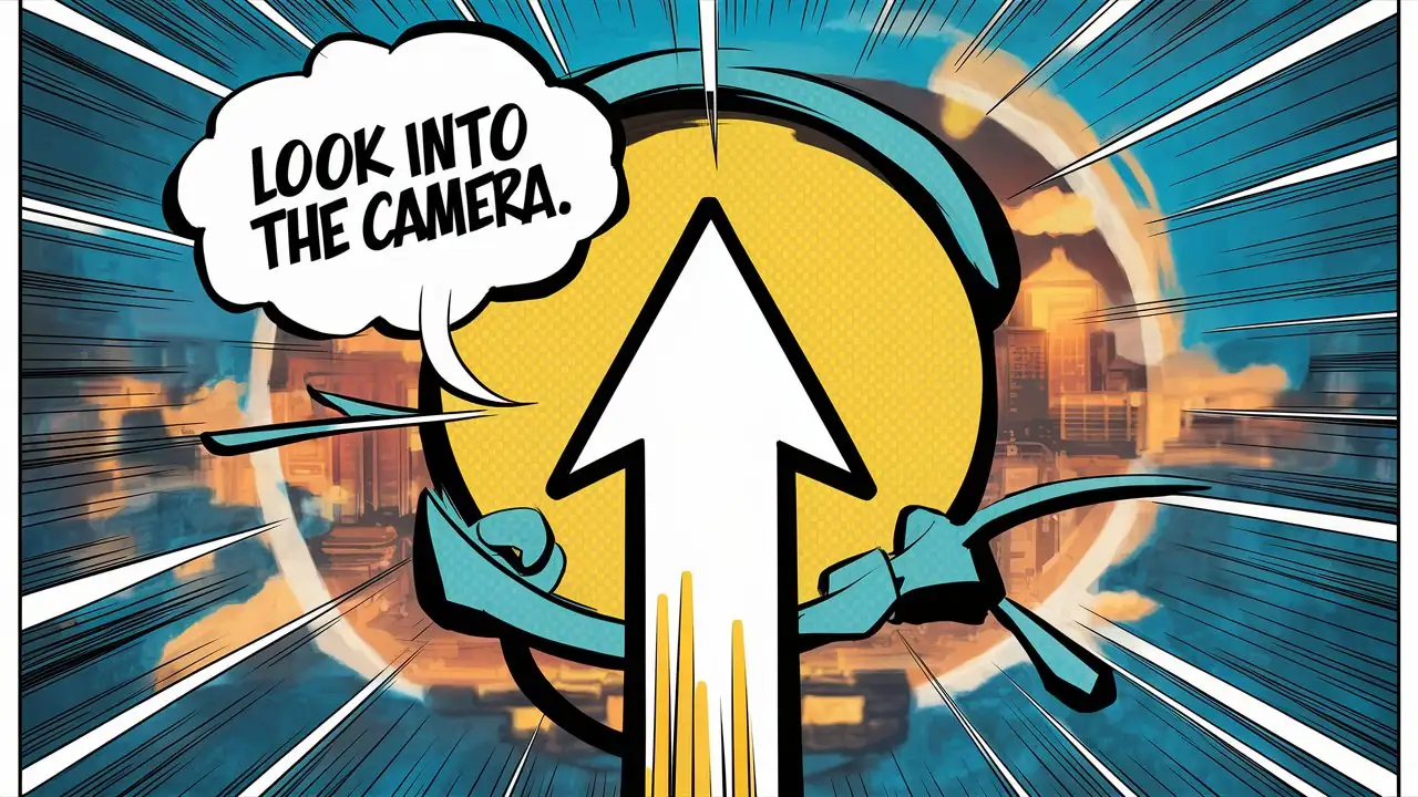 Comic Arrow Pointing Upwards with Look into the Camera Speech Bubble