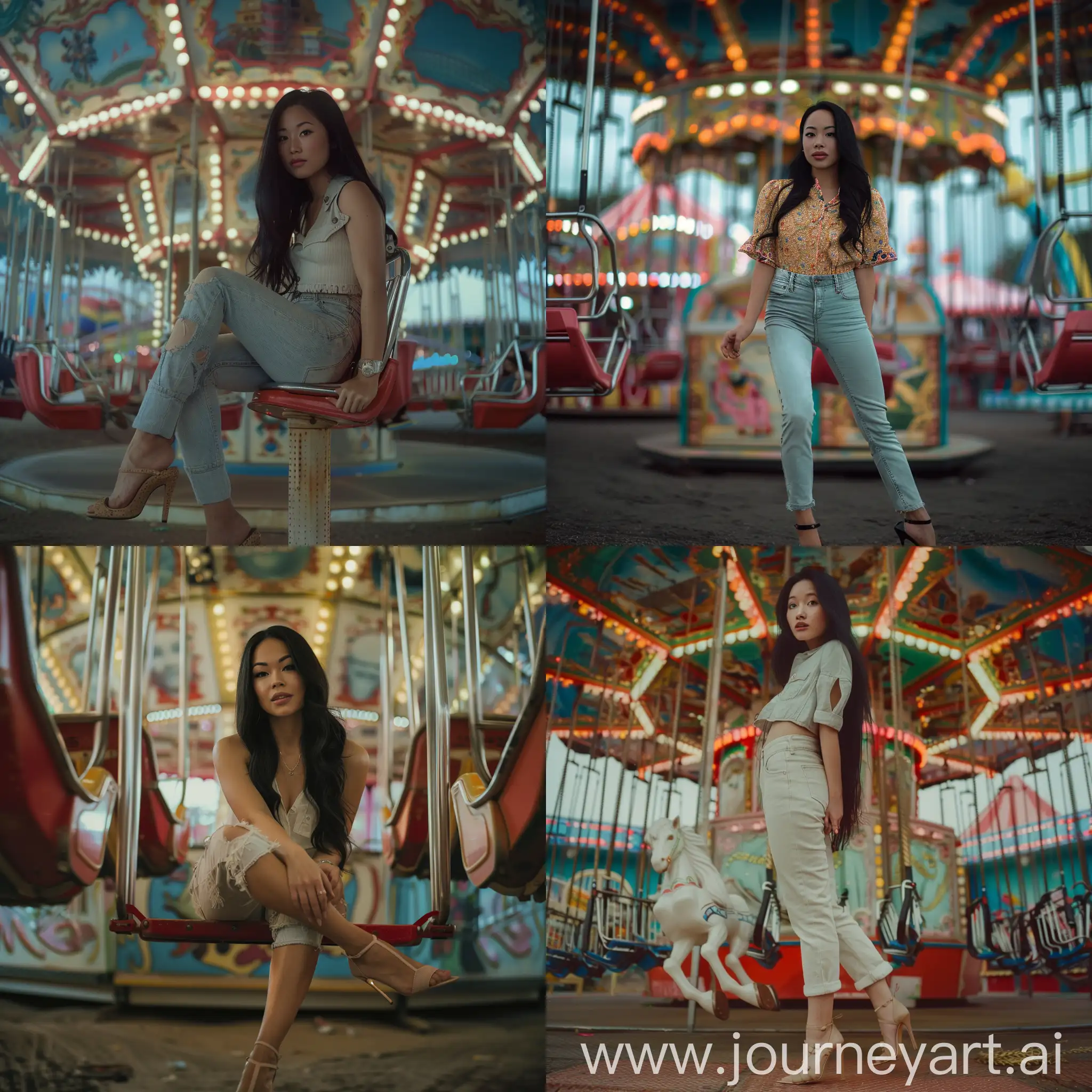 in an amusement park, a woman, 30 years old, round face, almond eyes, small lips, long black hair, casual clothes, high heels, playful expression, 8K Resolution, Professional Photography, Intricately detailed
