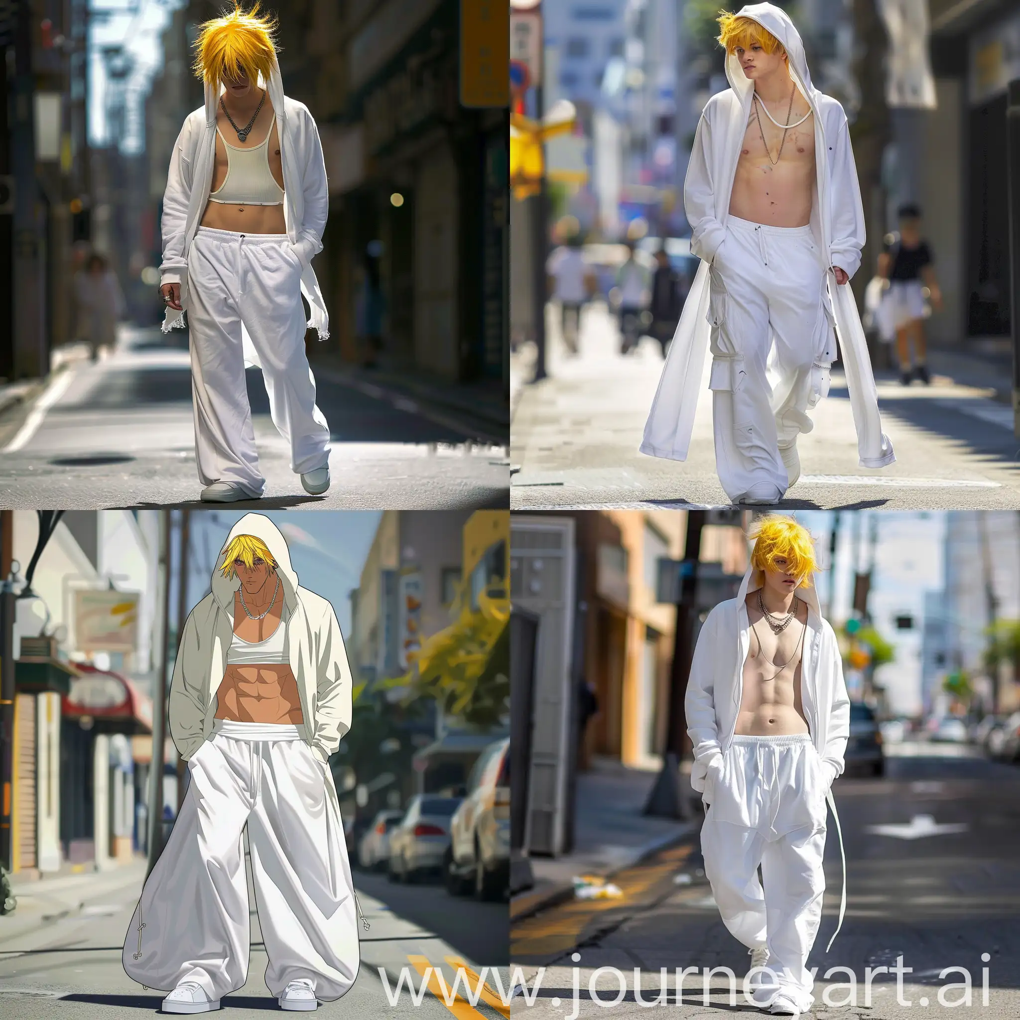 Tall-Teenager-with-Disheveled-Yellow-Hair-Walking-in-White-Streetwear-Anime-Style