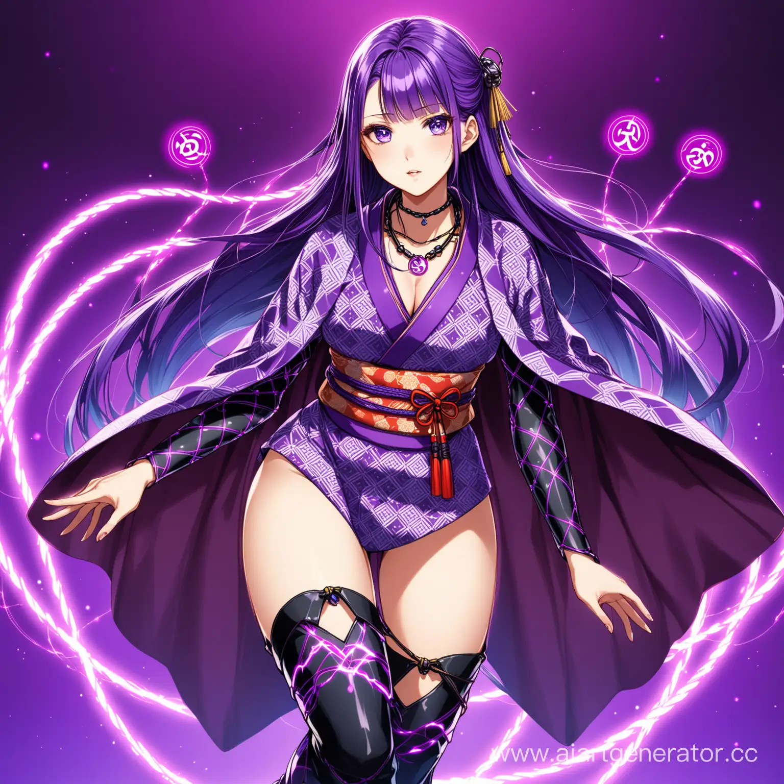 a white-skinned woman with long purple hair and purple slanting eyes. she is wearing a kimono made of bright metallic blue and a cape on top, combined with a purple patterned outfit. she has black boots that wrap around her legs. she has a necklace with an electrical symbol around her neck, and she has traditional Japanese hairpins in her hair.