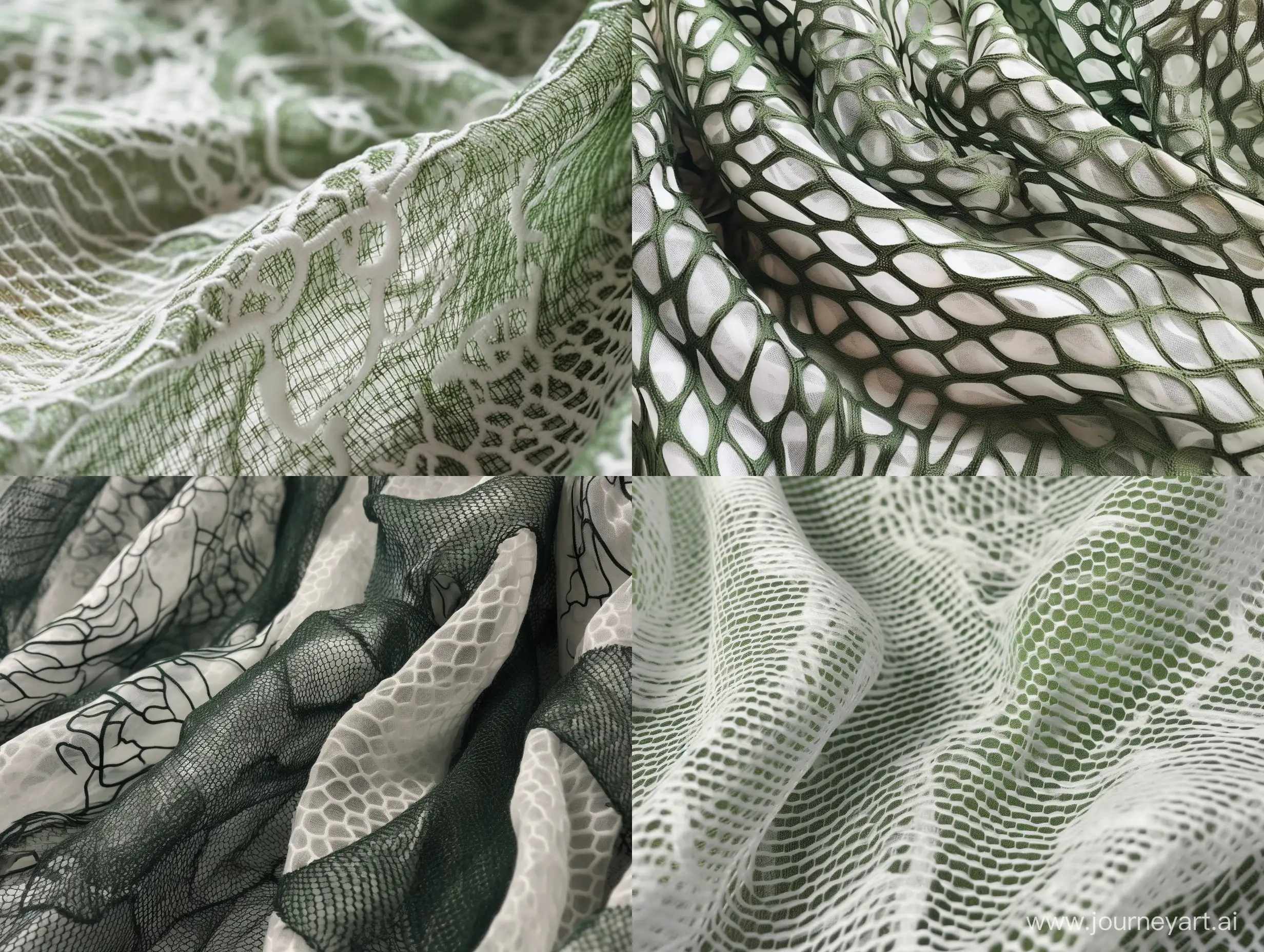 a close up image of green and white fabric, in the style of layered mesh, figura serpentinata, transparent/translucent medium, holotone printing, organic form, woven/perforated, graphic, stylized forms --v 5 --v 5