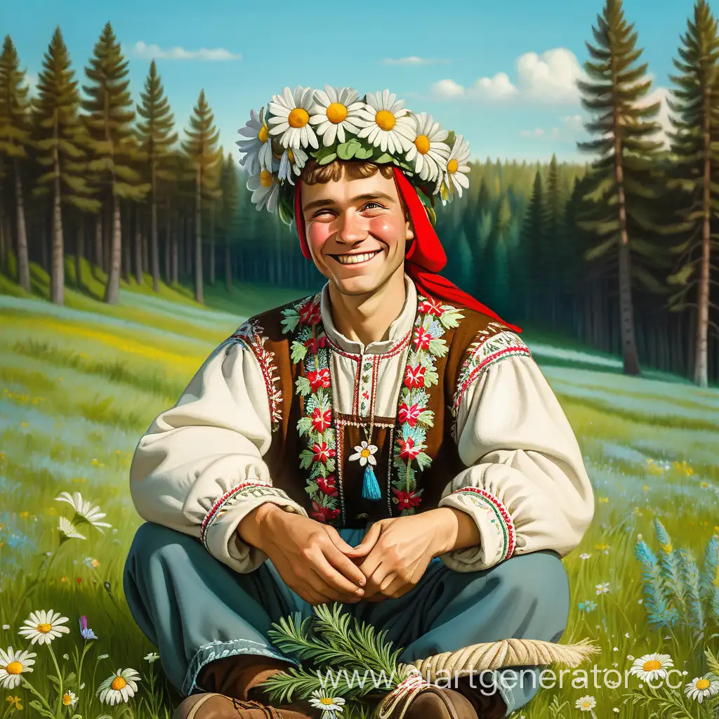 Русский парень крестьянин в национальной одежде с цветочным венком на голове сидит на цветочной поляне окружённой еловым лесом и мягко улыбается держа в руках ромашку 