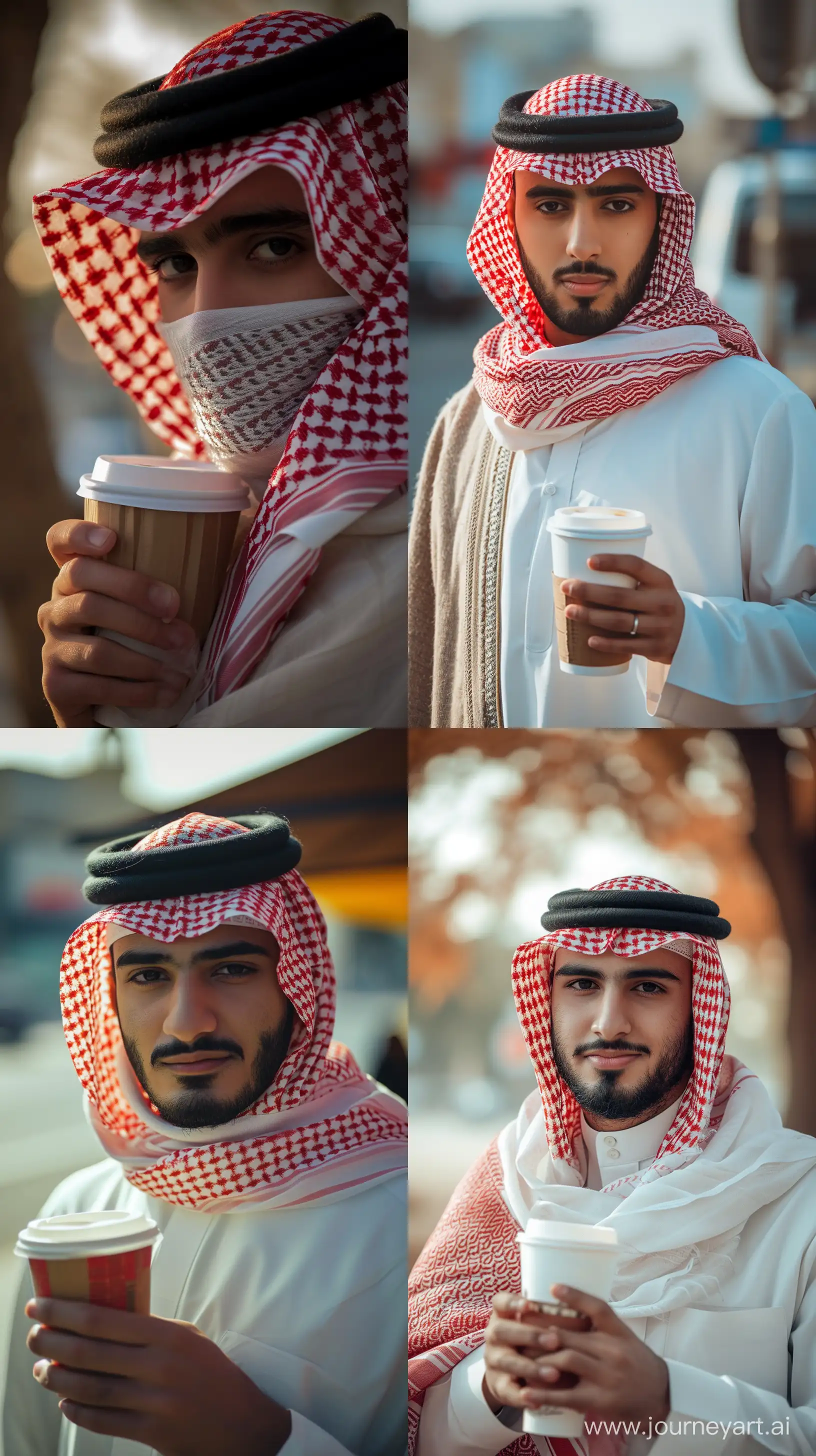cinematic portrait for a Saudi young man wearing white thobe and red, white shemagh drinking coffee in paper cup::3 cinematic portrait for a Saudi young man wearing white thobe and red, white shemagh drinking coffee. sun light reflecting on his face like a sci-fi magic. tranquil shadow play leaks touching his face gently. vibrant surreal optical illusion background, candid face. in the style of imax film --ar 9:16 --v 6.0 --style raw