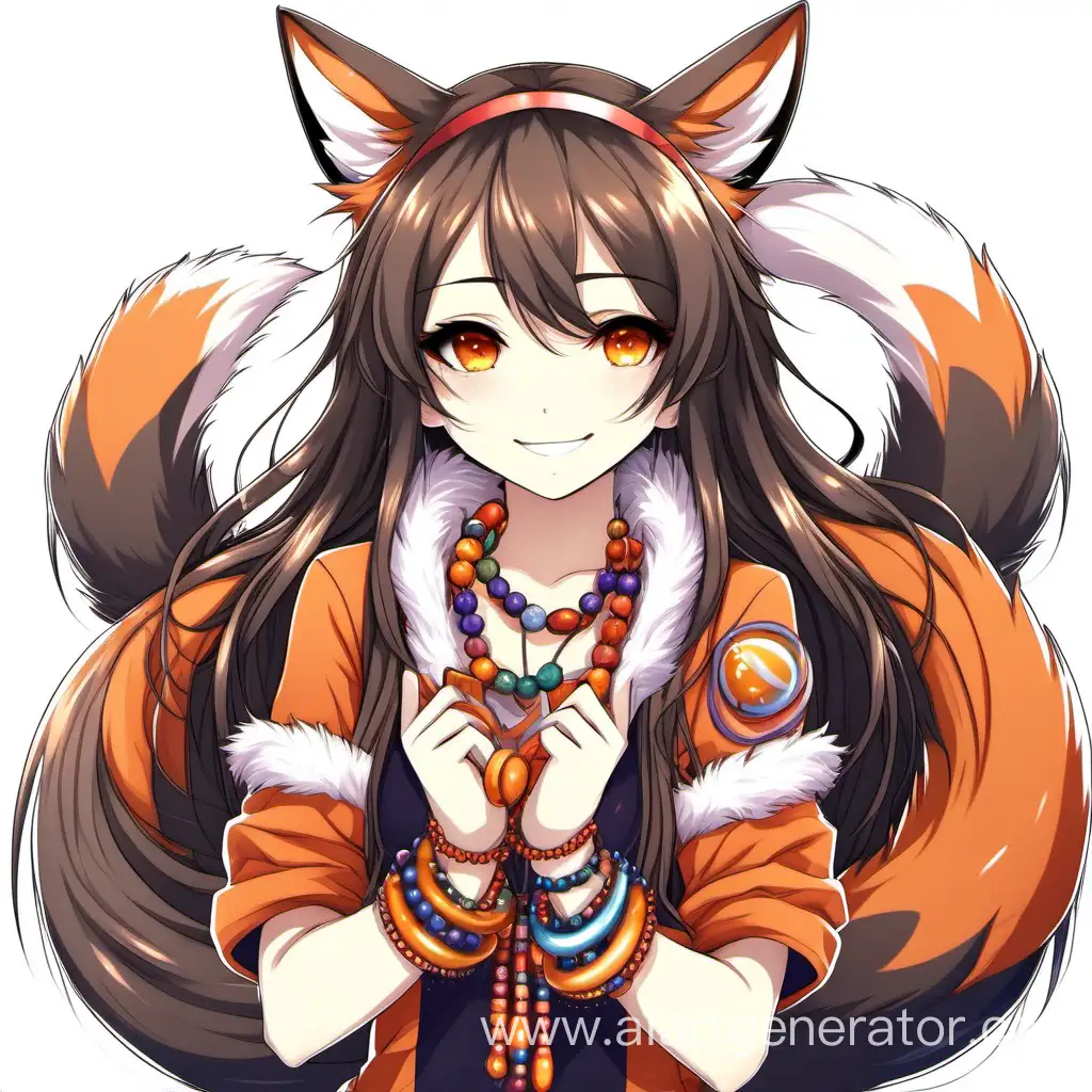 Аниме девочка лисичка улыбается с браслетами на руках с пушистым лисьими хвостиками браслеты много браслетов бусины