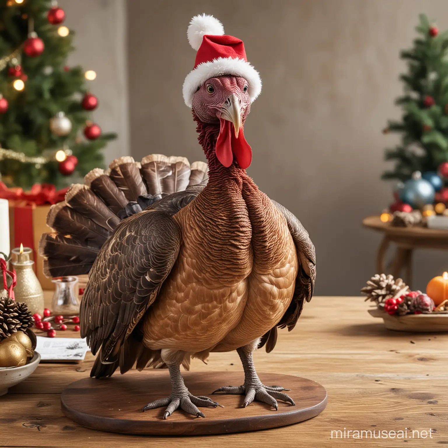 Un pavo prehistórico sentado sobre una mesa, con un gorro navideño